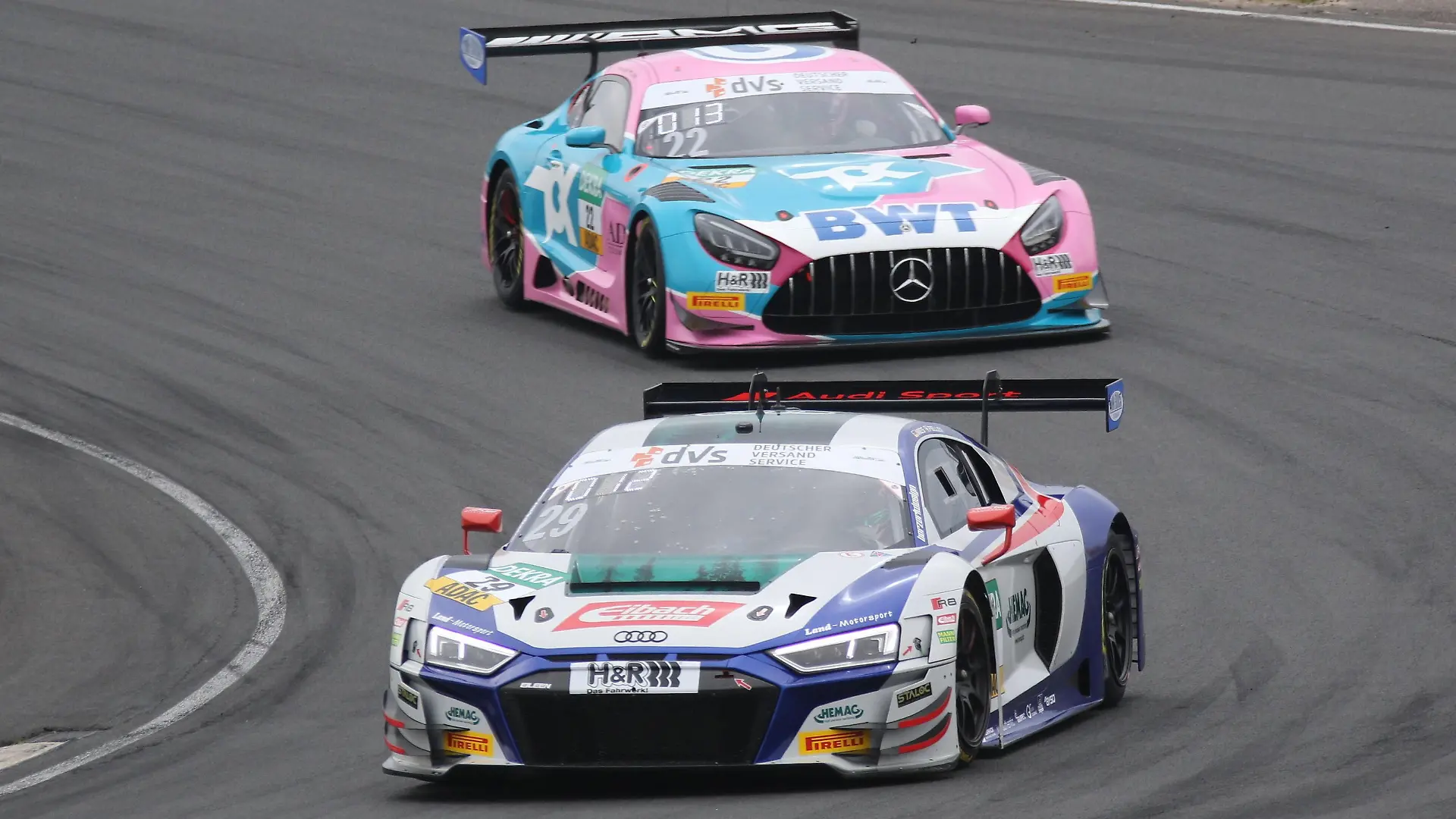 #29 Christopher Mies (DEU) / Ricardo Feller (CHE), Audi R8 LMS Evo, Team Montaplast by Land Motorsport (DEU), #22 Luca Stolz (DEU) / Maro Engel (DEU), Mercedes-AMG GT3 Evo, Team: Toksport WRT (DEU), ADAC GT Masters, Zandvoort, Niederlande, Rennen 2, Sonntag, 11.07.2021 - Foto: Augstibner-Pressefoto