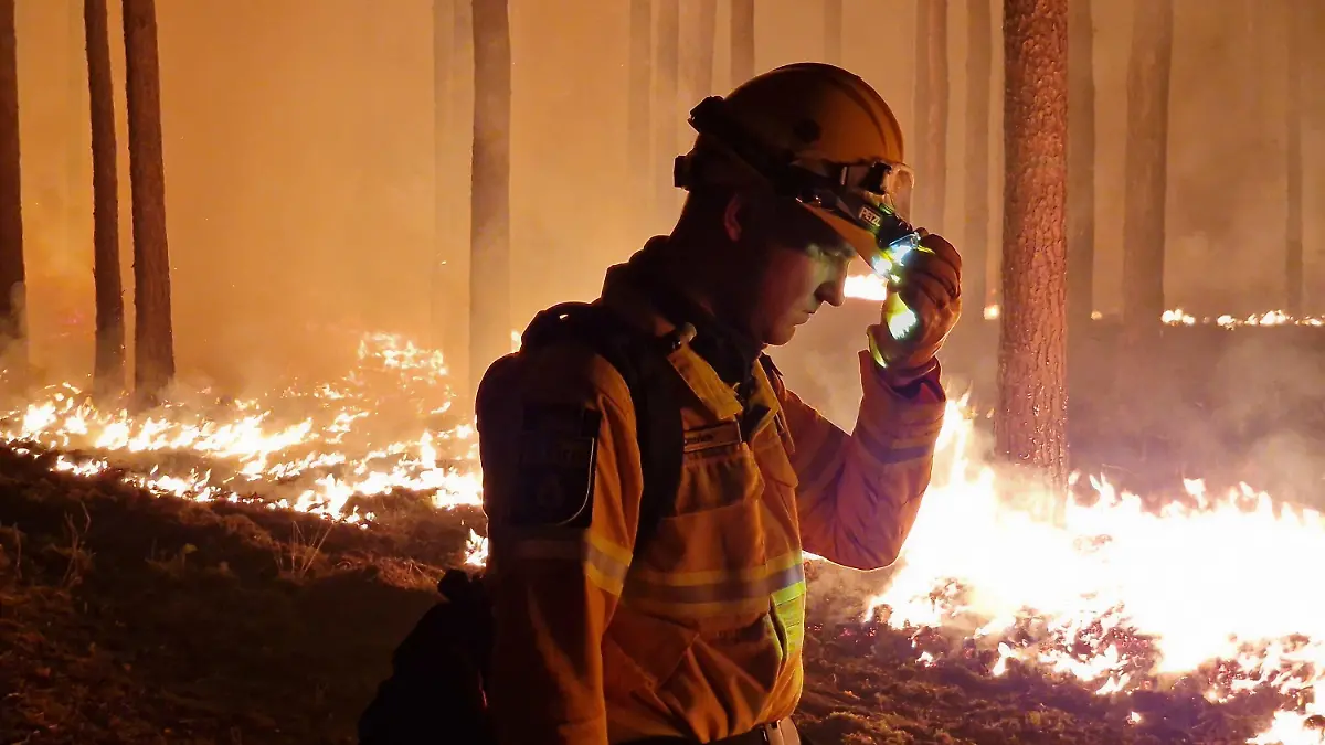 19.06.2022, Brandenburg, Beelitz: Einsatzkräfte der Hilfsorganisation @fire legen Gegenfeuer, um eine weitere Ausbreitung des Waldbrandes zu verhindern und die Feuerwehr bei der Bekämpung des Feuers zu unterstützen. Der Waldbrand bei Beelitz (Potsdam-Mittelmark) ist nach Angaben von Bürgermeister Bernhard Knuth (parteilos) unter Kontrolle. Foto: Cevin Dettlaff/dpa-Zentralbild/dpa +++ dpa-Bildfunk +++
