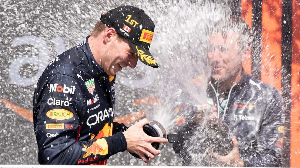 Red Bull Racing Max Verstappen, of the Netherlands, is sprayed with champagne by members of his team after winning the Canadian Grand Prix in Montreal on Sunday, June 19, 2022. (Paul Chiasson/The Canadian Press via AP)
