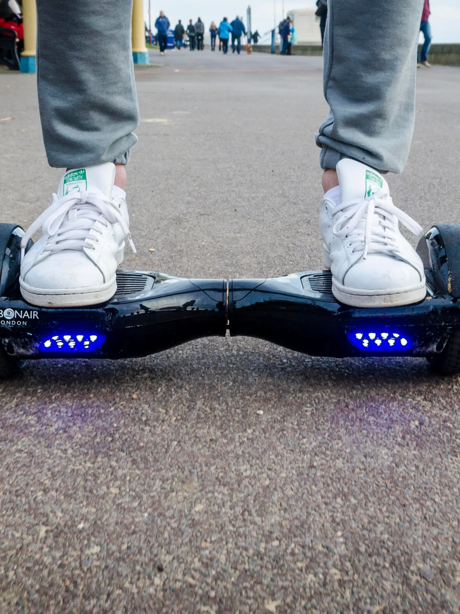 London, England - December 28, 2015: Person Riding a HoverBoard on a Public Footpath, They are now banned in all public places in the United 