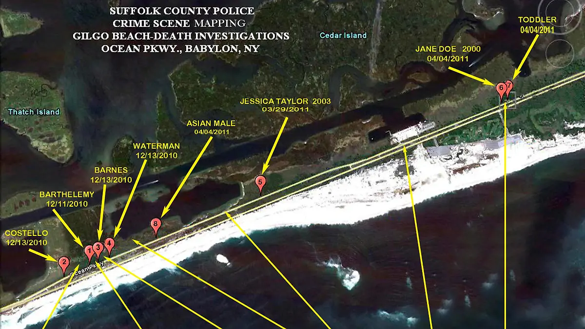 FILE PHOTO: The locations where eight of 10 bodies were found near Gilgo Beach since December 2010 are seen in this Suffolk County Police handout image released to Reuters on September 20, 2011. Police investigating the 10 bodies dumped by a possible serial killer near a Long Island beach said on Tuesday two of the victims may be a mother and her toddler daughter. Police suspect some of the remains, found near New York's Gilgo beach since December, belong to victims of at least one serial killer preying on prostitutes who sought clients on the Internet, including on Craigslist. REUTERS/Courtesy of Suffolk County Police/Handout (UNITED STATES - Tags: CRIME LAW) FOR EDITORIAL USE ONLY. NOT FOR SALE FOR MARKETING OR ADVERTISING CAMPAIGNS. THIS IMAGE HAS BEEN SUPPLIED BY A THIRD PARTY. IT IS DISTRIBUTED, EXACTLY AS RECEIVED BY REUTERS, AS A SERVICE TO CLIENTS/File Photo