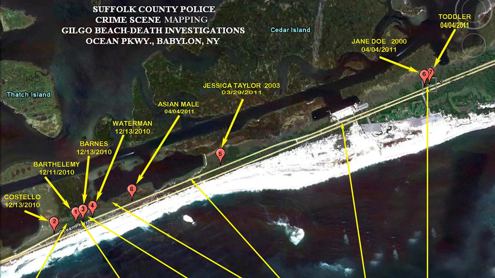 FILE PHOTO: The locations where eight of 10 bodies were found near Gilgo Beach since December 2010 are seen in this Suffolk County Police handout image released to Reuters on September 20, 2011. Police investigating the 10 bodies dumped by a possible serial killer near a Long Island beach said on Tuesday two of the victims may be a mother and her toddler daughter. Police suspect some of the remains, found near New York's Gilgo beach since December, belong to victims of at least one serial killer preying on prostitutes who sought clients on the Internet, including on Craigslist. REUTERS/Courtesy of Suffolk County Police/Handout (UNITED STATES - Tags: CRIME LAW) FOR EDITORIAL USE ONLY. NOT FOR SALE FOR MARKETING OR ADVERTISING CAMPAIGNS. THIS IMAGE HAS BEEN SUPPLIED BY A THIRD PARTY. IT IS DISTRIBUTED, EXACTLY AS RECEIVED BY REUTERS, AS A SERVICE TO CLIENTS/File Photo