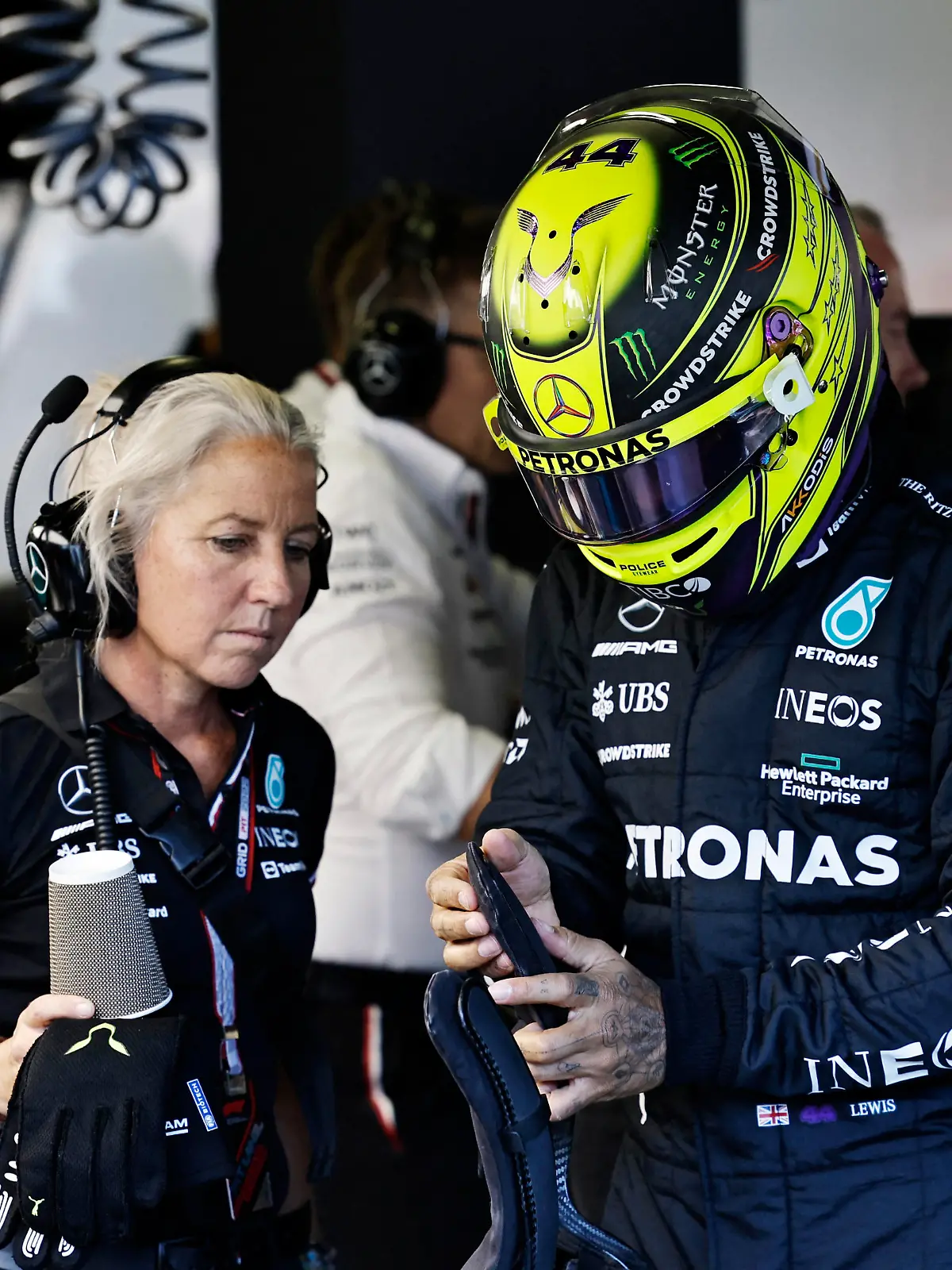 Formula One F1 - Azerbaijan Grand Prix - Baku City Circuit, Baku, Azerbaijan - June 11, 2022 Mercedes' Lewis Hamilton and his physiotherapist Angela Cullen ahead of the Azerbaijan Grand Prix REUTERS/Hamad I Mohammed