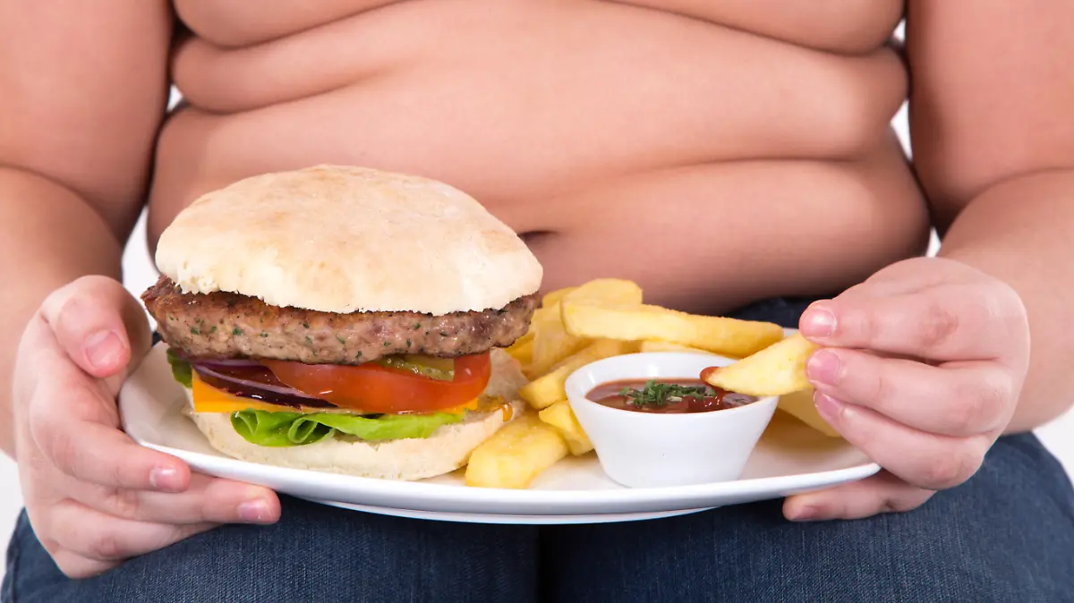 The boy eating a hamburger and french fries on white backround