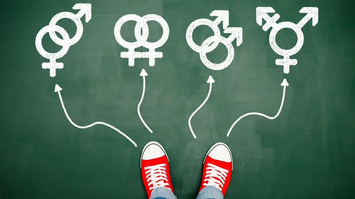 Someone wearing red sneakers choosing between genders