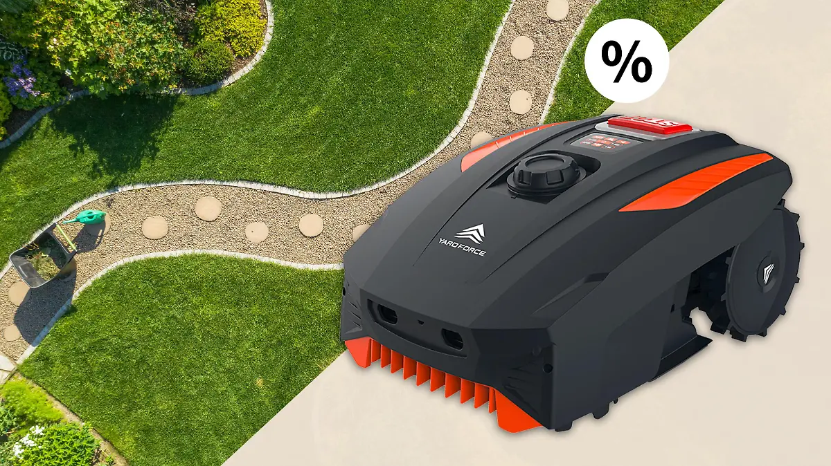 Mähroboter von Yard Force auf grünem und grauem Hintergrund.