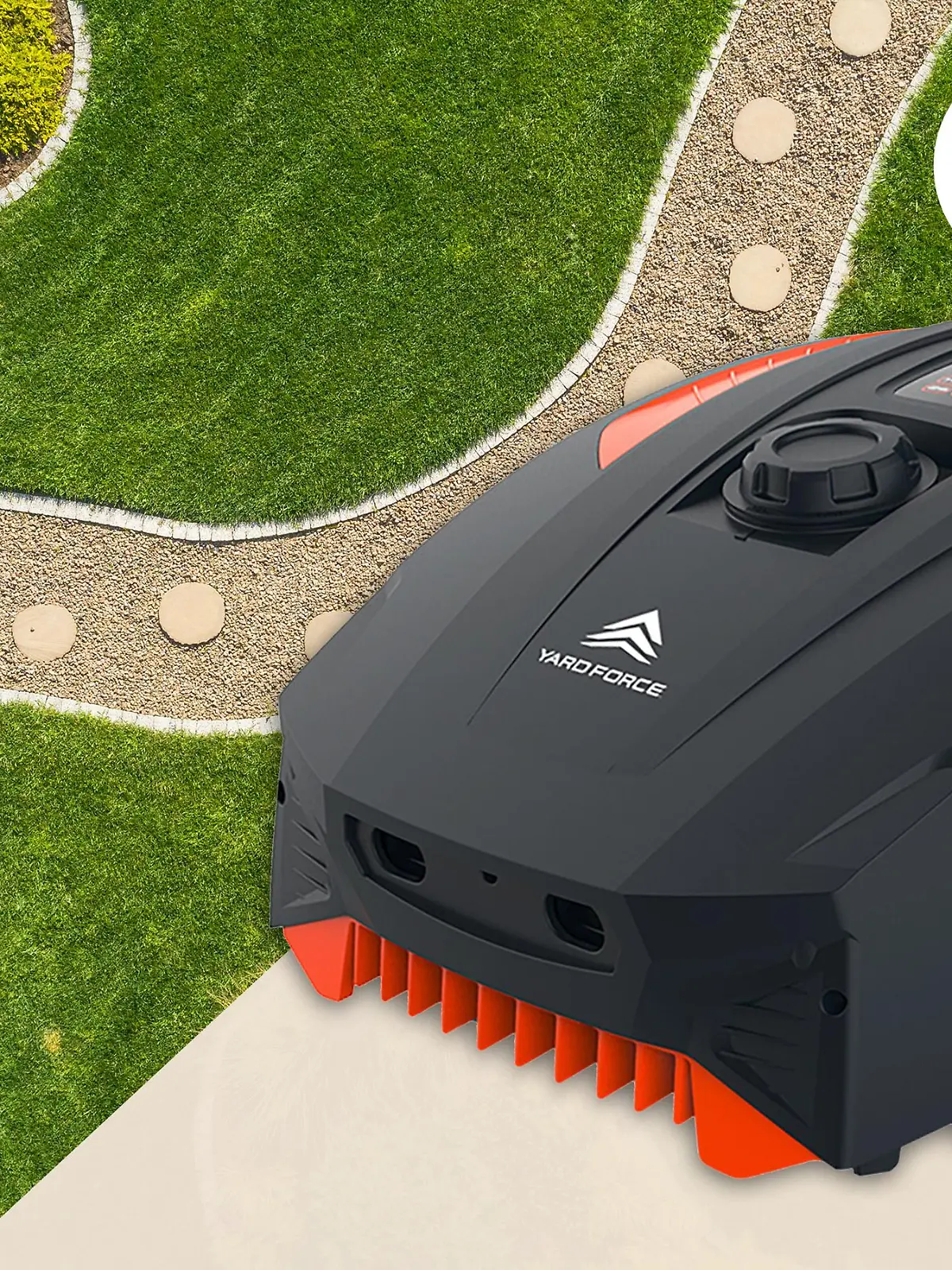 Mähroboter von Yard Force auf grünem und grauem Hintergrund.