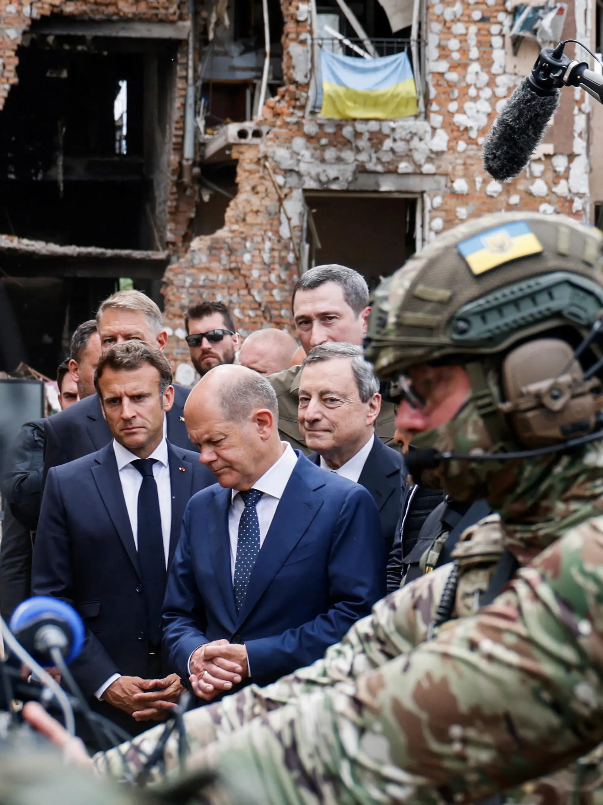 France's President Emmanuel Macron, Italian Prime Minister Mario Draghi, German Chancellor Olaf Scholz and Romanian President Klaus Iohannis visit Irpin, Ukraine June 16, 2022. Ludovic Marin/Pool via REUTERS