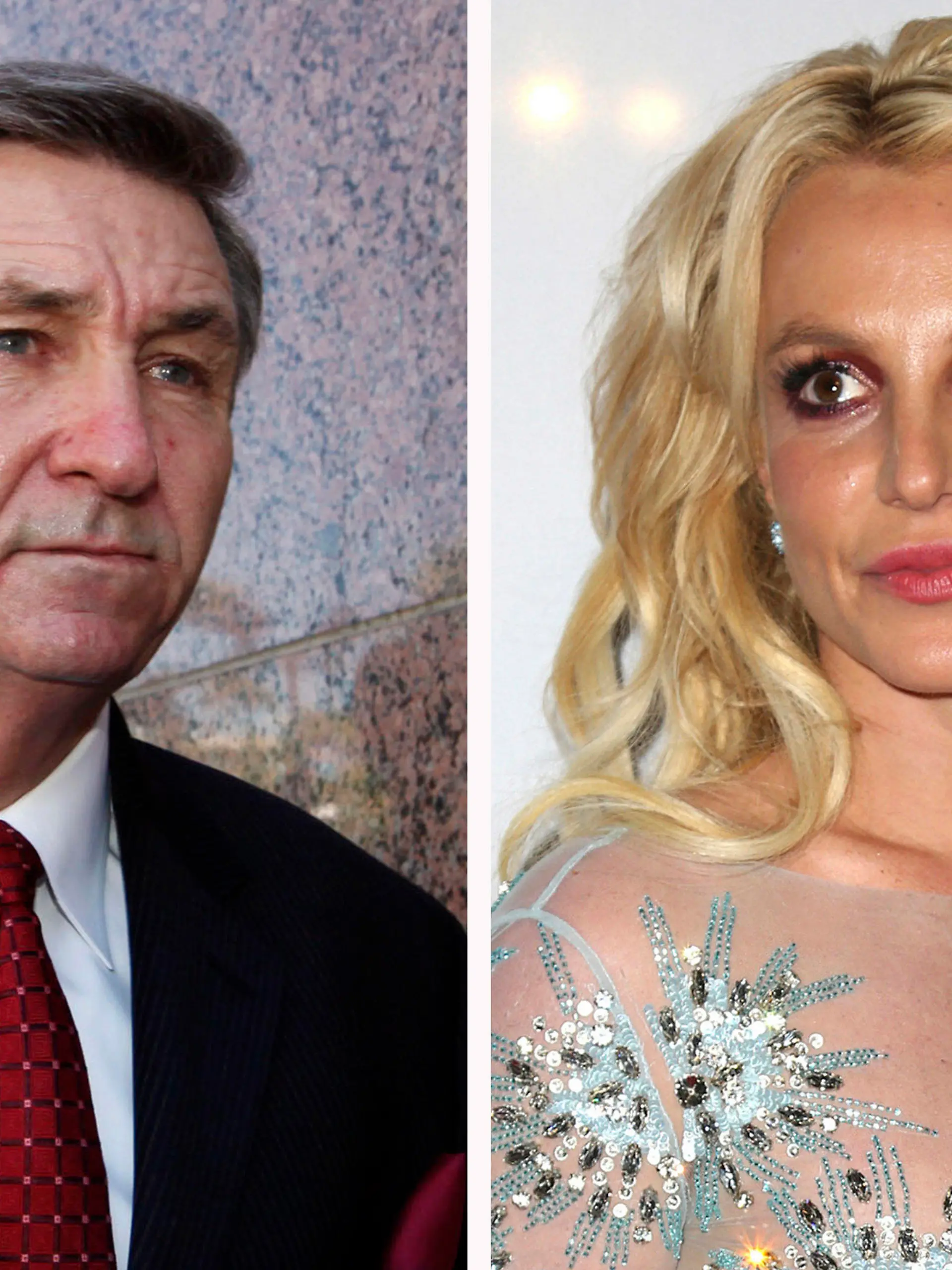 This combination photo shows Jamie Spears, left, father of Britney Spears, as he leaves the Stanley Mosk Courthouse on Oct. 24, 2012, in Los Angeles and Britney Spears at the Clive Davis and The Recording Academy Pre-Grammy Gala on Feb. 11, 2017, in Beverly Hills, Calif.. Britney Spears is asking a court to curb her father's control over her life and career. In documents filed Tuesday, Aug. 18, 2020, Spears asked that her father not return to the role of conservator of her person, which gave him power over her life decisions from 2008 until 2019, when he temporarily stepped aside.  (AP Photo)