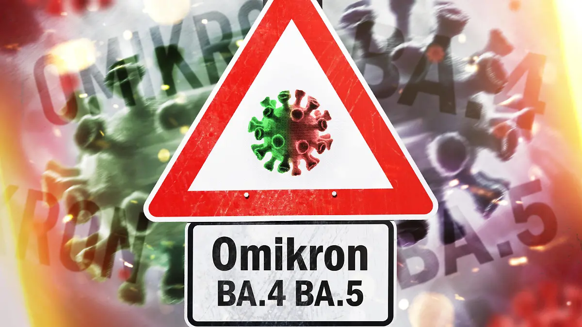  FOTOMONTAGE, Gefahrenschild mit Coronavirus-Symbol und Aufschrift Omikron BA.4 BA.5, Omikron-Varianten BA.4 und BA.5 *** PHOTOMONTAGE, danger sign with coronavirus symbol and inscription Omikron BA 4 BA 5, Omikron variants BA 4 and BA 5