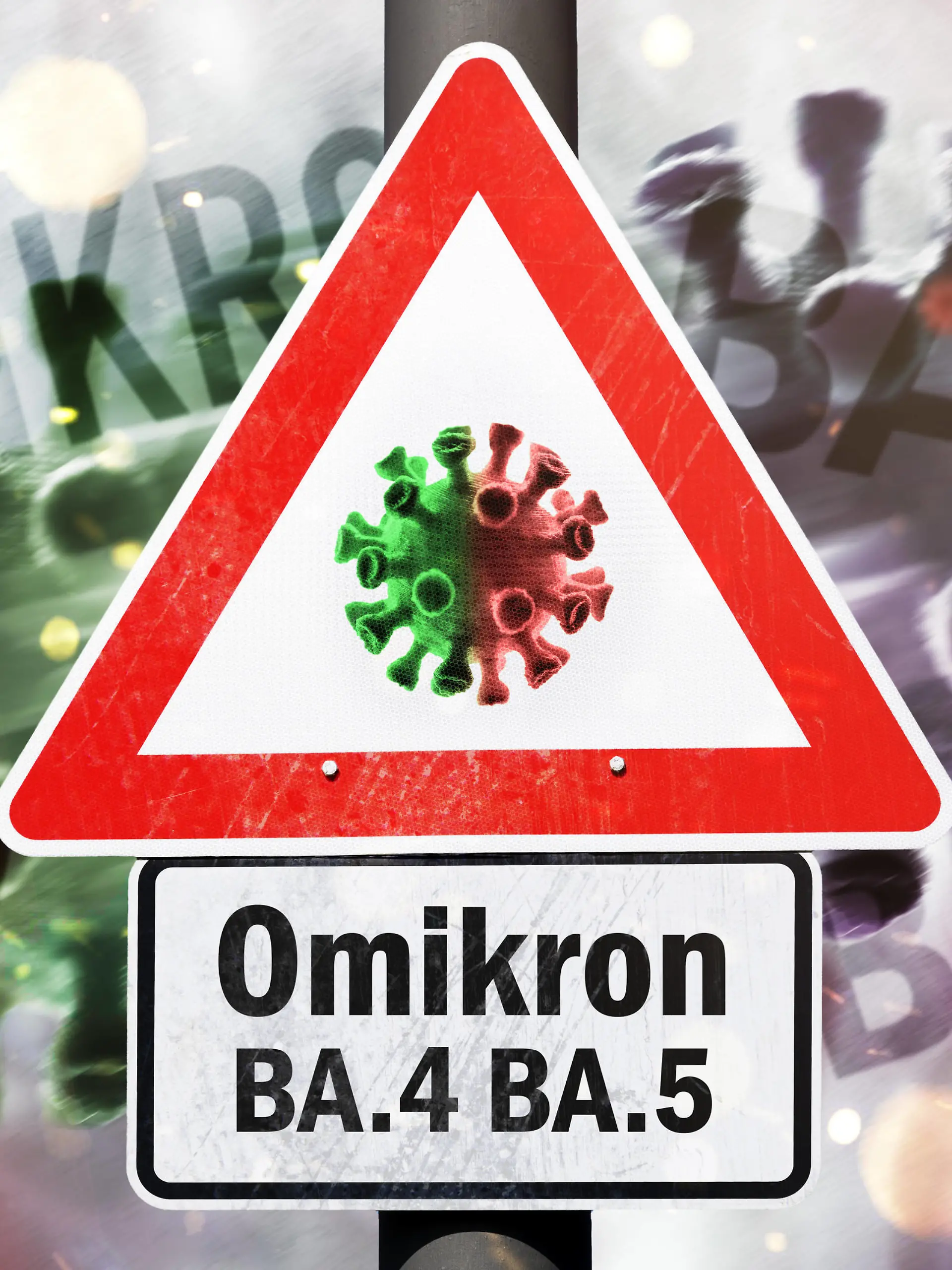 FOTOMONTAGE, Gefahrenschild mit Coronavirus-Symbol und Aufschrift Omikron BA.4 BA.5, Omikron-Varianten BA.4 und BA.5 *** PHOTOMONTAGE, danger sign with coronavirus symbol and inscription Omikron BA 4 BA 5, Omikron variants BA 4 and BA 5