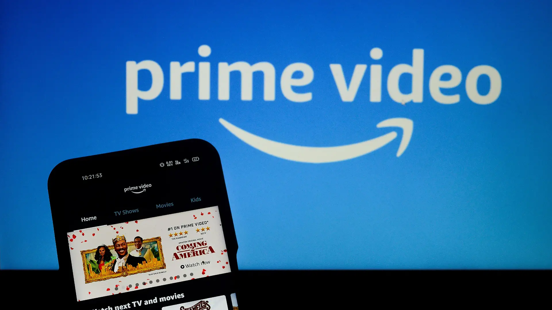 March 19, 2021, Kolkata, West Bengal, India: Illustration of Amazon prime video app on mobile device with Prime Video logo in background in Kolkata , India , on 19 March , 2021.Amazon prime video to produce first Indian bollywood film accoding to media reports. (Credit Image: Â© Debarchan Chatterjee/ZUMA Wire