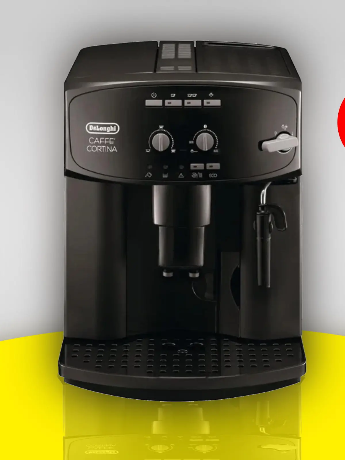 Ein Foto des Delonghi -Kaffeevollautomaten mit gelb-grauen Hintergrund.