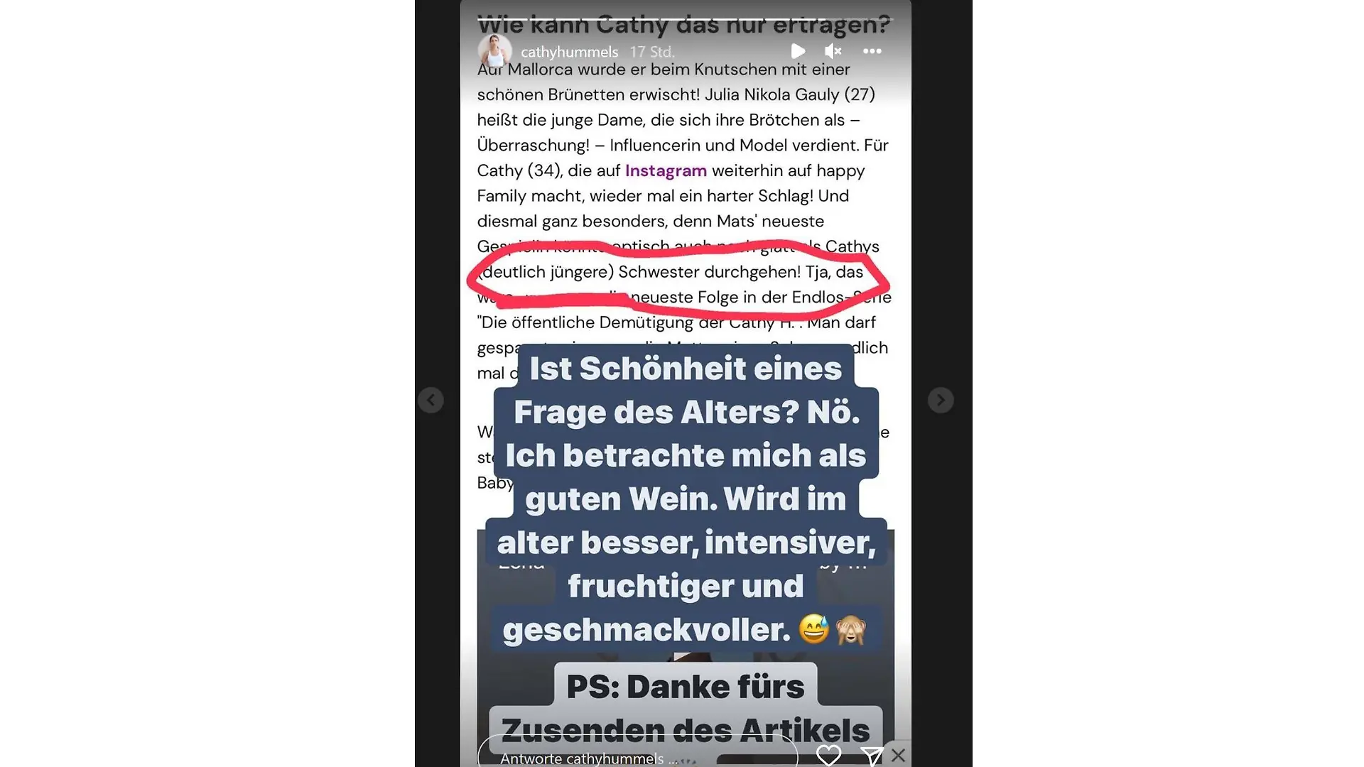 Cathys Antwort auf den Vergleich mit Mats' angeblicher Affäre.