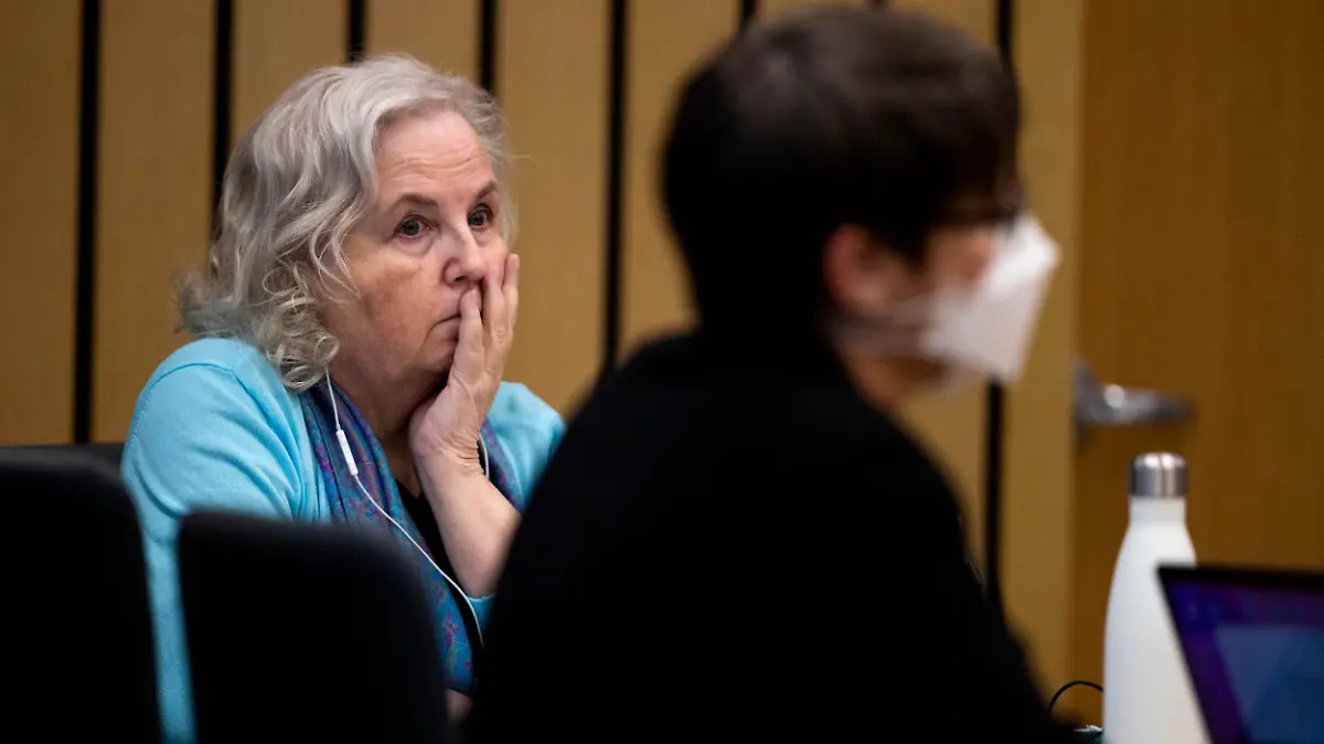 FILE - Romance writer Nancy Crampton Brophy, left, accused of killing her husband, Dan Brophy, in June 2018, watches proceedings in court in Portland, Ore., on April 4, 2022. She was sentenced Monday, June 13, 2022, to life in prison with the possibility of parole for murdering her husband. (Dave Killen/The Oregonian via AP, Pool, File)