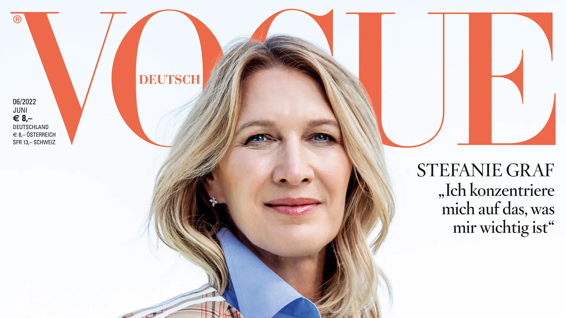 HANDOUT - 26.05.2022, ---: Ex-Tennisstar Steffi Graf auf dem Cover der Juni-Ausgabe vom Magazin VOGUE Germany (undatierte Aufnahme). Die deutsche Vogue  Ausgabe mit der Coverstory über Stefanie Graf erscheint am 31. Mai 2022. (zu dpa: «Steffi Graf über Leben im Rampenlicht: «Das fiel mir eher schwer» ») Foto: Stefan Ruiz für VOGUE Germany/dpa - ACHTUNG: Nur zur redaktionellen Verwendung im Zusammenhang mit der Berichterstattung über die VOGUE Germany 06/22 Ausgabe - Verwendung bis zum dem 28. Juni 2022. Das Foto darf nicht verändert und nur im vollen Ausschnitt verwendet werden. Keine Archivierung. Nur mit vollständiger Nennung des Credits Stefan Ruiz für VOGUE Germany +++ dpa-Bildfunk +++