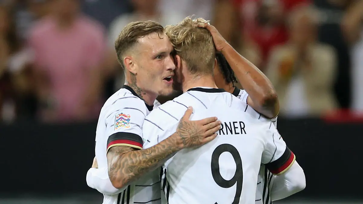 14.06.2022, Fussball Länderspiel UEFA Nations League 2022/23, Deutschland - Italien, im Borussia-Park Mönchengladbach. Torjubel Timo Werner Deutschland zum 4:0 *** 14 06 2022, football international match UEFA Nations League 2022 23, Germany Italy, at Borussia Park Mönchengladbach goal celebration Timo Werner Germany to 4 0
