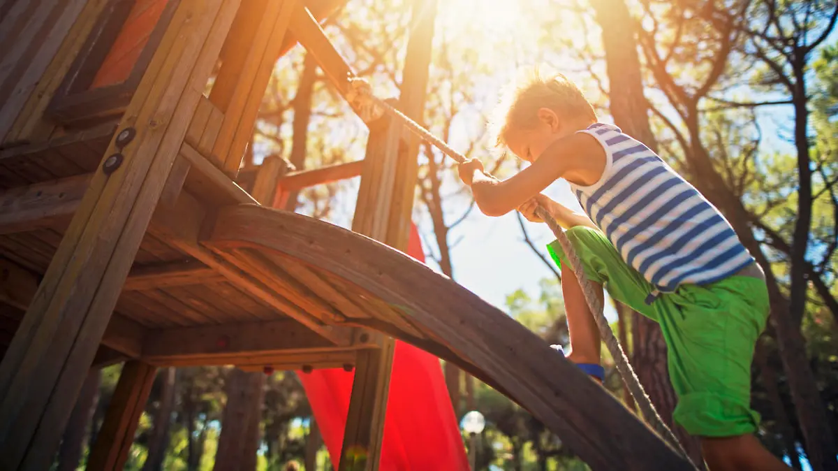 Portrait of little boy climbing in the playground on s sunny summer day.
