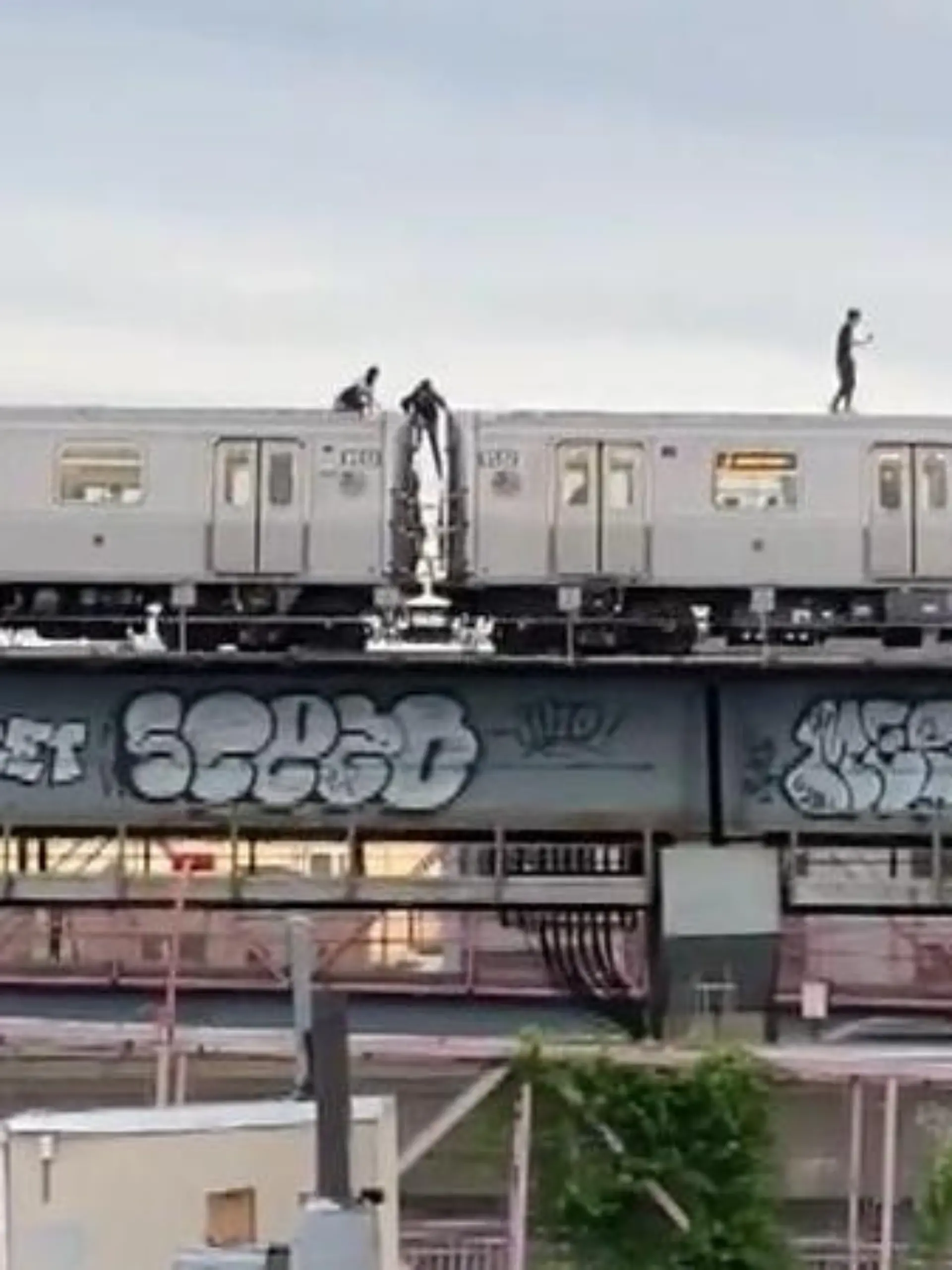 Eine Straßenbahn brettert über die Williamburg Bridge im New Yorker Stadtteil Brooklyn - auf ihrem Dach laufen mehrere Jugendliche. Sogenannte "Subway Surfer" sind am Freitag auf eine Bahn geklettert. Die leichtsinnige Aktion zeigen wir im Video.