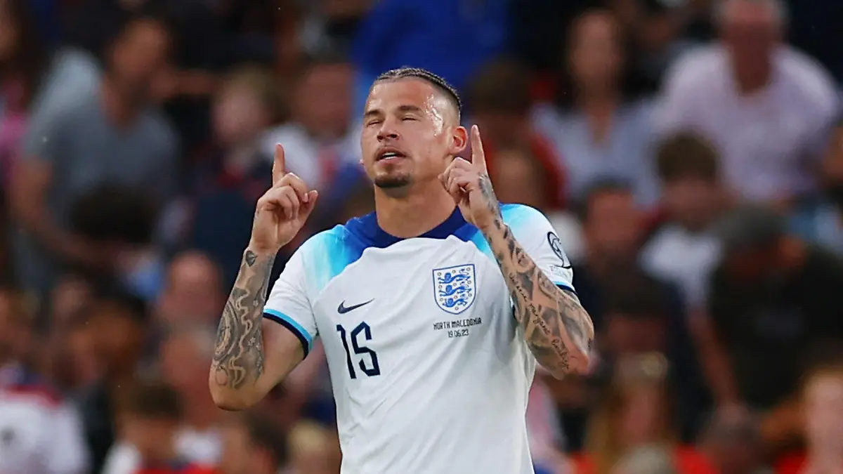 Soccer Football - UEFA Euro 2024 Qualifier - Group C - England v North Macedonia - Old Trafford, Manchester, Britain - June 19, 2023 England's Kalvin Phillips celebrates scoring their sixth goal REUTERS/Molly Darlington