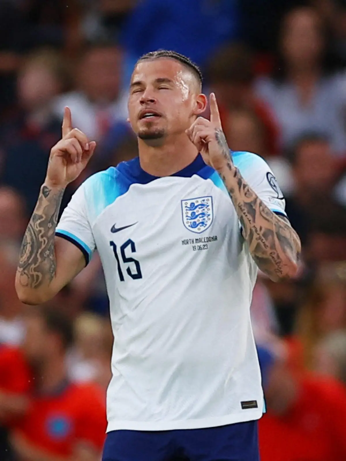Soccer Football - UEFA Euro 2024 Qualifier - Group C - England v North Macedonia - Old Trafford, Manchester, Britain - June 19, 2023 England's Kalvin Phillips celebrates scoring their sixth goal REUTERS/Molly Darlington