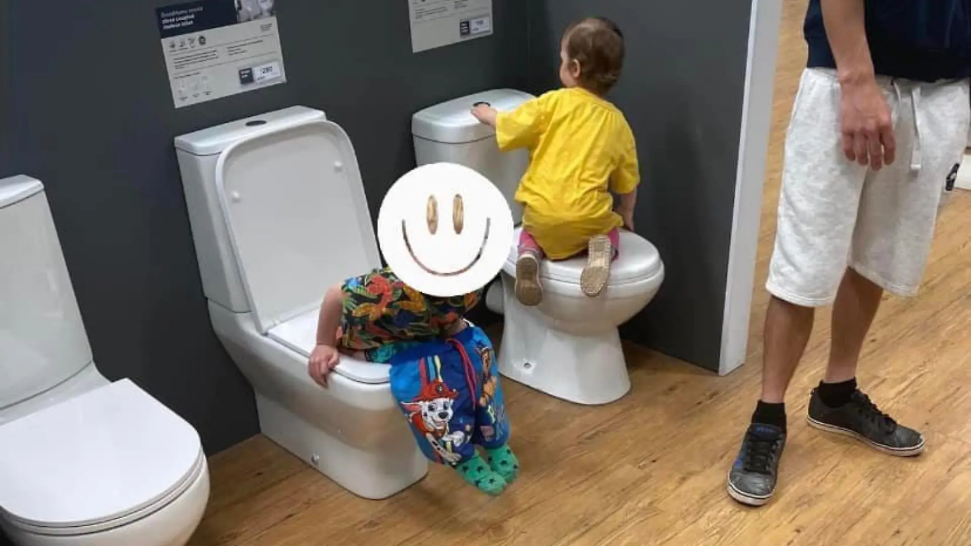 Story from Jam Press (Display Toilet Poo)
Pictured: Jacob on the display toilet.
Boy, four, leaves social media howling after taking poo in B&Q display toilet
A young boy has left social media users howling with laughter after his mum revealed he took a poo in a B&Q display toilet – with the parents forced to fish it out afterwards.
Caroline Akhtar was at B&Q in Glastonbury on Saturday morning (11 June) with her partner, Azzy, and their four-year-old son, Jacob, and daughters Frankie, three, and Eliza, one.
The family had gone to the store to buy a washing line but ended up getting much more than they bargained for.
While his parents' backs were turned, Jacob explored a nearby display toilet.
Nature was calling and so the four-year-old did what any young child would and simply took a seat, doing a "very big poo".
Taking to Facebook to share the story, where it has since gone viral with over 15,000 likes, Caroline wrote: "Can’t quite believe what’s happened.
"J has taken a very big poo in one of the B&Q display toilets.
"Only went in for a washing line, turned around and J is sat on one of the toilets. Ran to say get off but it was very much too late.
"I left to get wet wipes and came back to him still sat on there because he ‘needed to finish’ and hubby didn’t know what else to do.
"The young shop assistant couldn’t stop laughing but also completely ignored the situation, don’t blame the lad."
The parents were "mortified" at first but then saw the funny side of the situation – although they were less pleased when they had to fish out the poo from the toilet.
"At first we were mortified but then we found it funnier and funnier," Caroline told NeedToKnow.online.
"I quick paced back to the car park to get wet wipes and nappy bags and couldn’t stop laughing then.
"He was still on the toilet so I proceeded to help wipe his bum still and explain about the toilets in shops are not actual toilets.
"He said his sister, Frankie, said