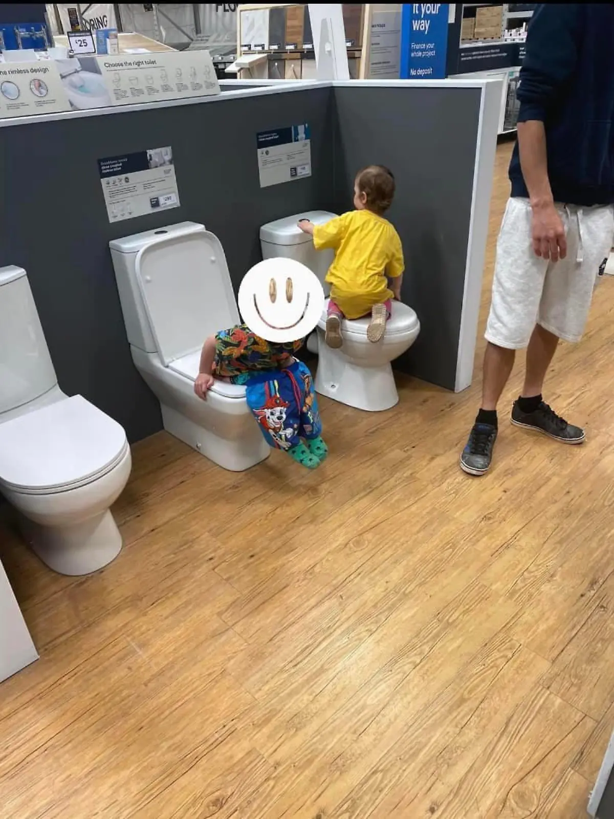 Story from Jam Press (Display Toilet Poo)

Pictured: Jacob on the display toilet.

Boy, four, leaves social media howling after taking poo in B&Q display toilet

A young boy has left social media users howling with laughter after his mum revealed he took a poo in a B&Q display toilet – with the parents forced to fish it out afterwards.

Caroline Akhtar was at B&Q in Glastonbury on Saturday morning (11 June) with her partner, Azzy, and their four-year-old son, Jacob, and daughters Frankie, three, and Eliza, one.

The family had gone to the store to buy a washing line but ended up getting much more than they bargained for.

While his parents' backs were turned, Jacob explored a nearby display toilet.

Nature was calling and so the four-year-old did what any young child would and simply took a seat, doing a "very big poo".

Taking to Facebook to share the story, where it has since gone viral with over 15,000 likes, Caroline wrote: "Can’t quite believe what’s happened. 

"J has taken a very big poo in one of the B&Q display toilets. 

"Only went in for a washing line, turned around and J is sat on one of the toilets. Ran to say get off but it was very much too late. 

"I left to get wet wipes and came back to him still sat on there because he ‘needed to finish’ and hubby didn’t know what else to do. 

"The young shop assistant couldn’t stop laughing but also completely ignored the situation, don’t blame the lad." 

The parents were "mortified" at first but then saw the funny side of the situation – although they were less pleased when they had to fish out the poo from the toilet.

"At first we were mortified but then we found it funnier and funnier," Caroline told NeedToKnow.online.

"I quick paced back to the car park to get wet wipes and nappy bags and couldn’t stop laughing then.

"He was still on the toilet so I proceeded to help wipe his bum still and explain about the toilets in shops are not actual toilets.

"He said his sister, Frankie, said 