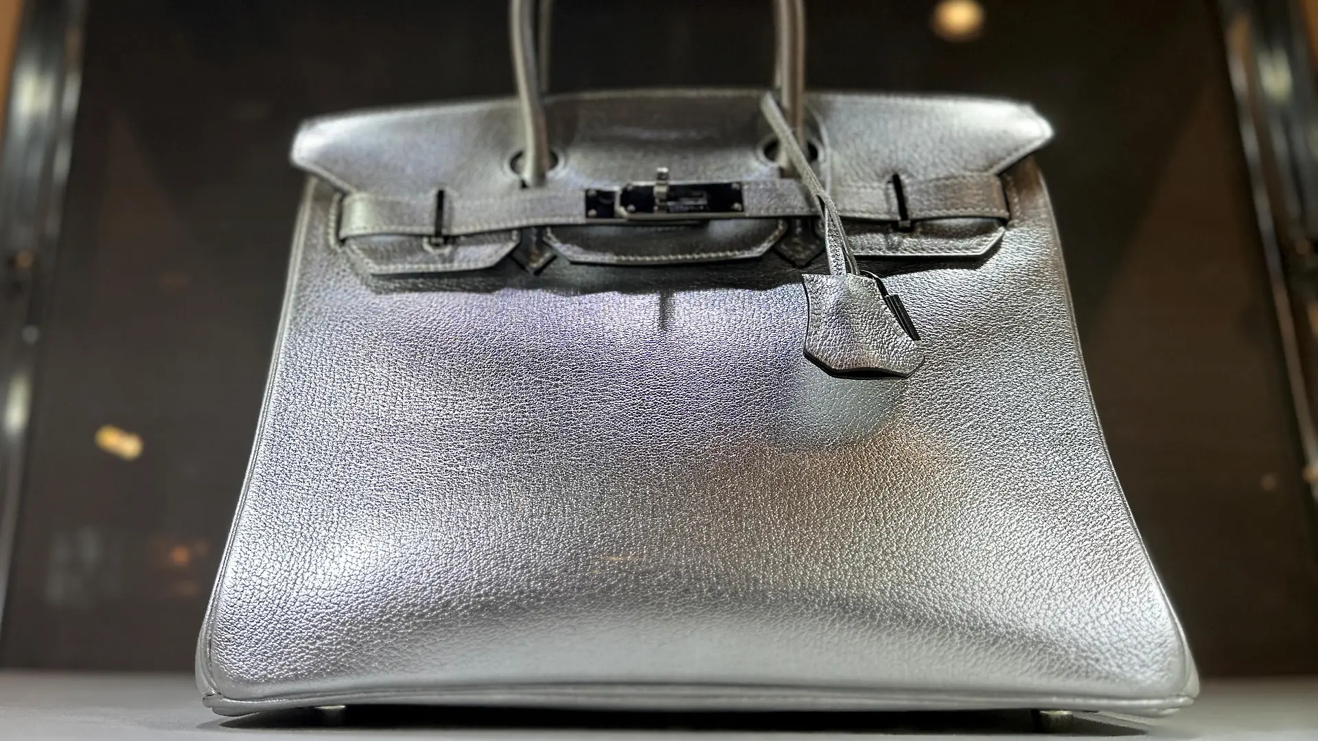 View of a Hermes Silver Metallic Chevre Birkin 30 bag up for auction at Sotheby's in New York City, U.S., June 1, 2023. REUTERS/Roselle Chen