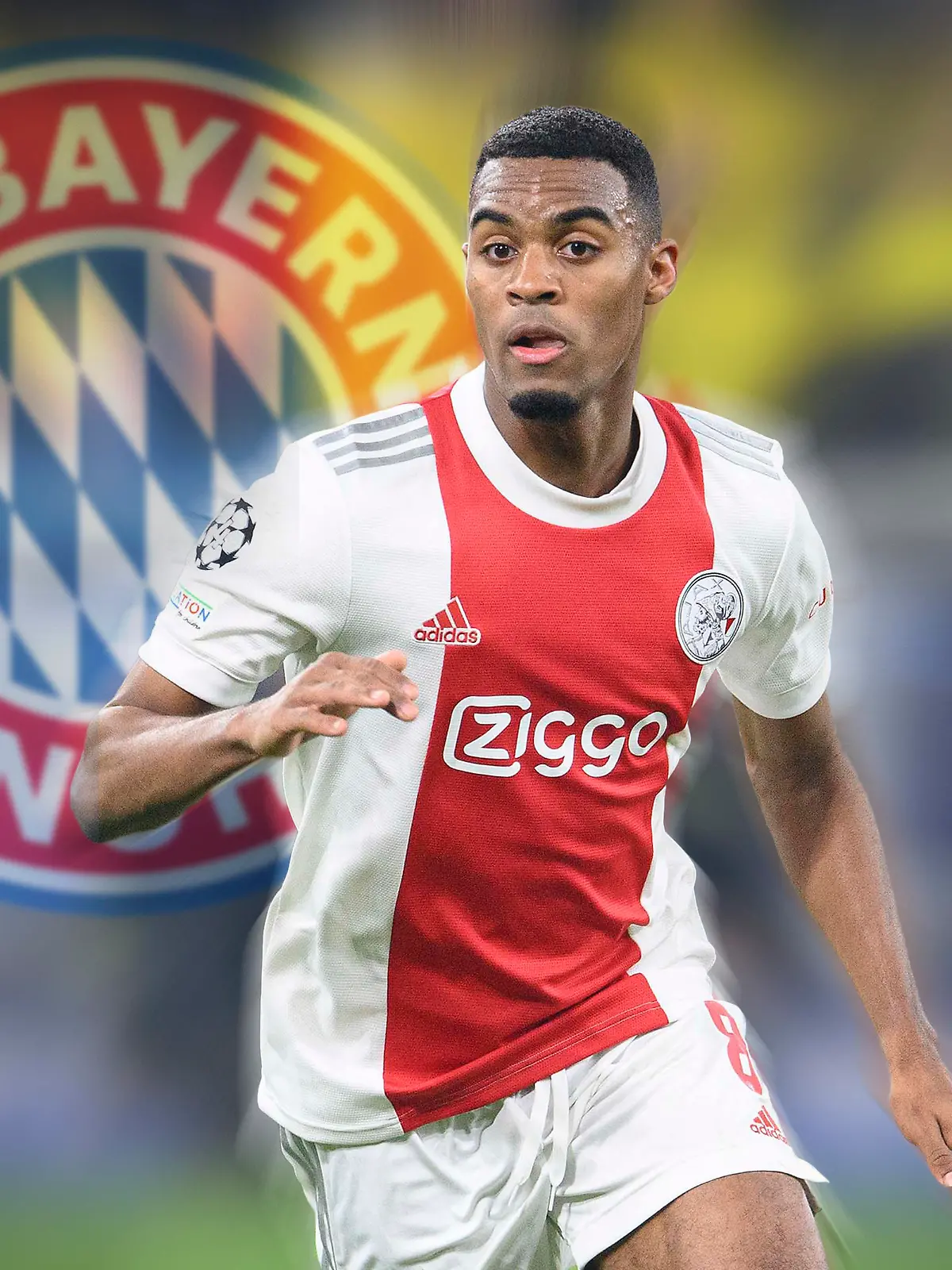 FOTOMONTAGE: Ryan Gravenberch wechselt zum FC Bayern Muenchen. Ryan GRAVENBERCH (Ajax) Aktion, Fussball Champions League, Vorrunde 4.Spieltag, Borussia Dortmund (DO) - Ajax Amsterdam 1:3, am 03.11.2021 in Dortmund/ Deutschland.