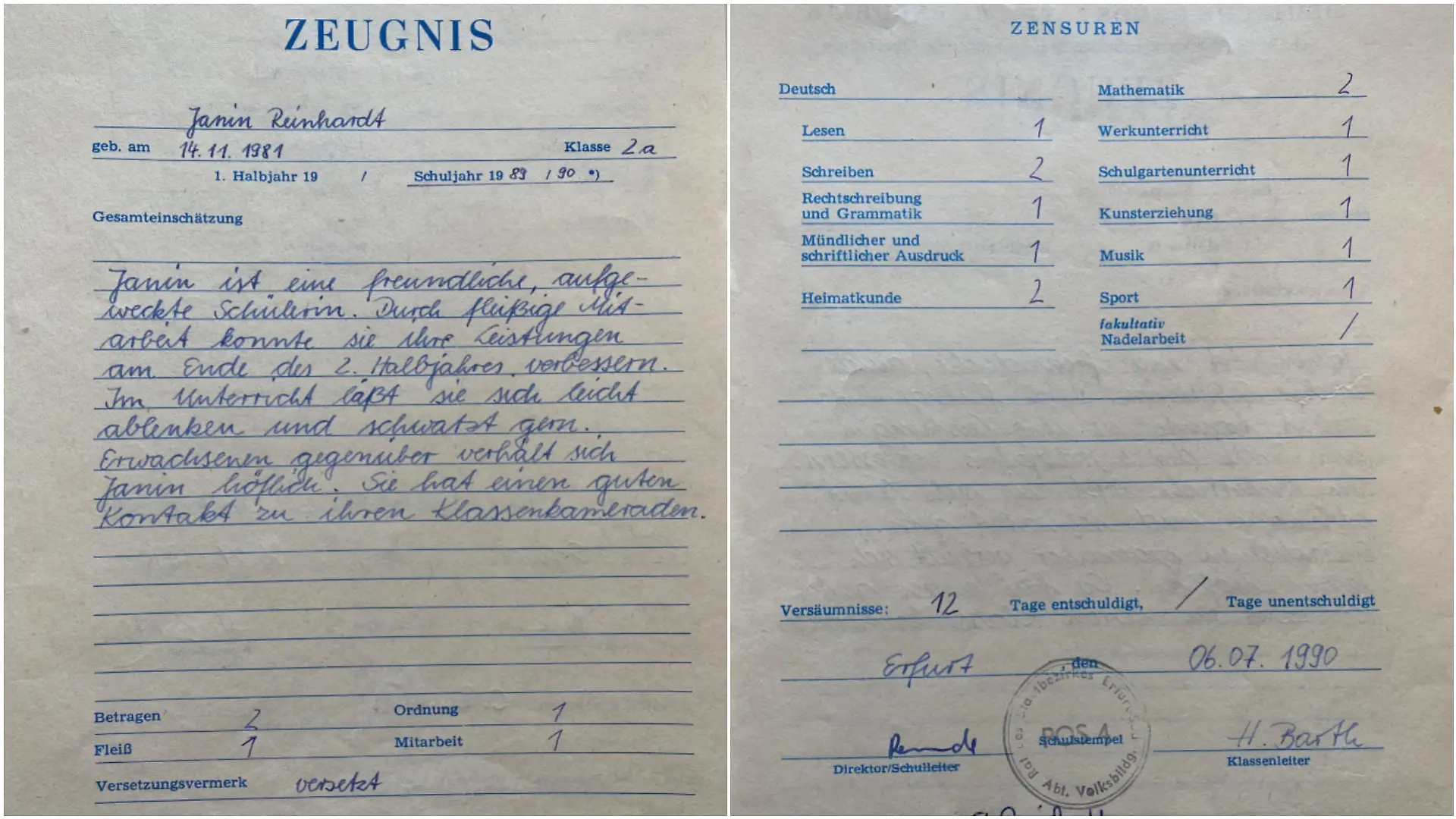 Janin Ullmanns Halbjahres-Zeugnis der zweiten Klasse kann sich wirklich sehen lassen. Quelle: privat