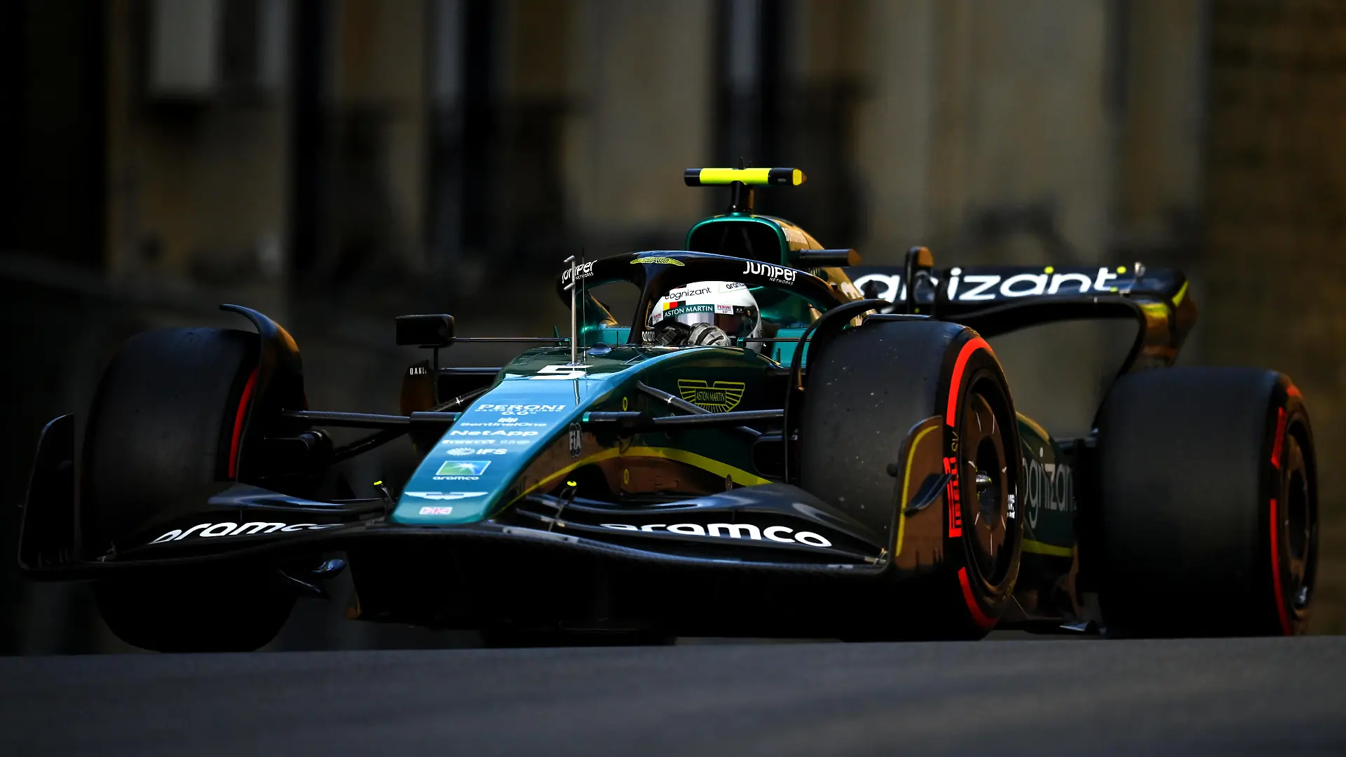 BAKU, AZERBAIJAN - JUNE 11: Sebastian Vettel of Germany driving the (5) Aston Martin AMR22 Mercedes on track during qualifying ahead of the F1 Grand Prix of Azerbaijan at Baku City Circuit on June 11, 2022 in Baku, Azerbaijan. (Photo by Dan Mullan/Getty Images)