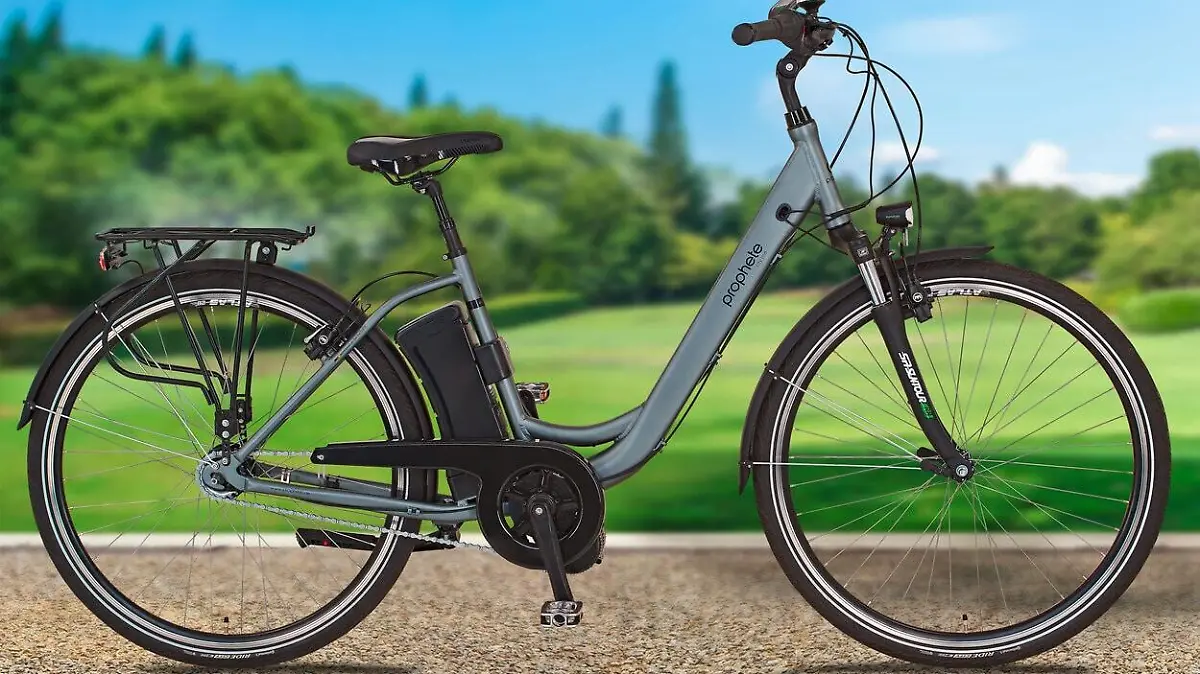Ein E-Bike was auf einer Straße steht mit einer Wiese im Hintergrund.