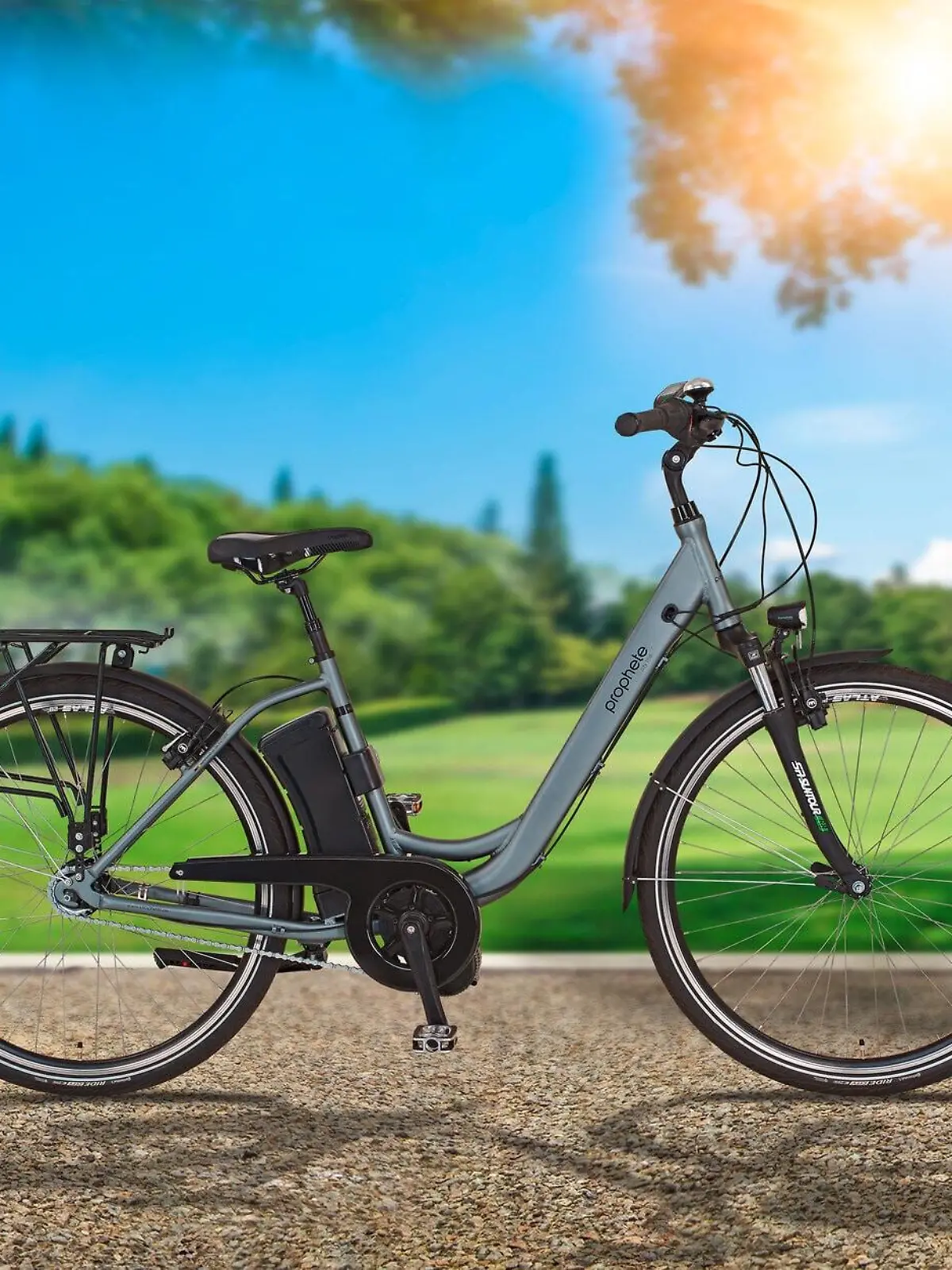Ein E-Bike was auf einer Straße steht mit einer Wiese im Hintergrund.