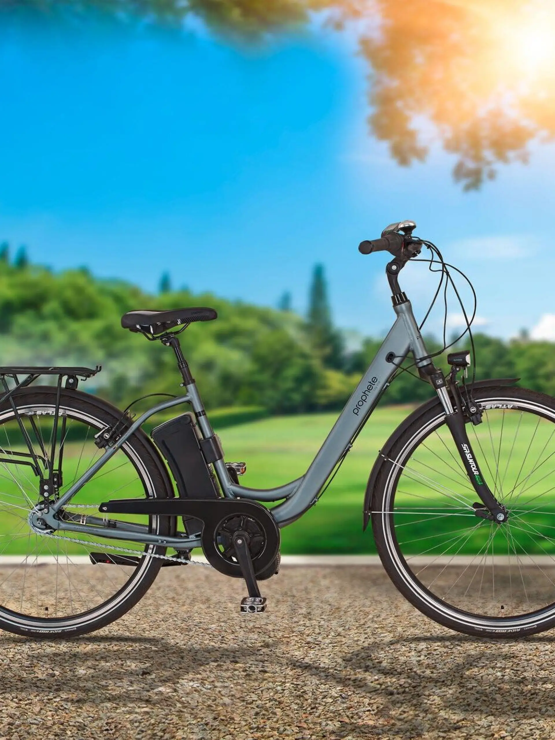 Ein E-Bike was auf einer Straße steht mit einer Wiese im Hintergrund.