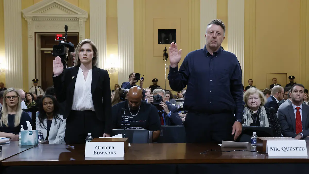  U.S. Capitol Police Officer Caroline Edwards and documentary filmmaker Nick Quested are sworn in to testify as the House select committee investigating the Jan. 6 attack on the U.S. Capitol holds its first public hearing to discuss its findings of a year-long investigation, on Capitol Hill in Washington, DC on Thursday, June 9, 2022. The committee interviewed more than 1000 people in regards to the January 6, 2021 attack on Capitol that was an effort to overturn the results of the 2020 presidential election and the transfer of power. Pool photo by Jonathan Ernst/ PUBLICATIONxINxGERxSUIxAUTxHUNxONLY WAS20220609927 JonathanxErnst