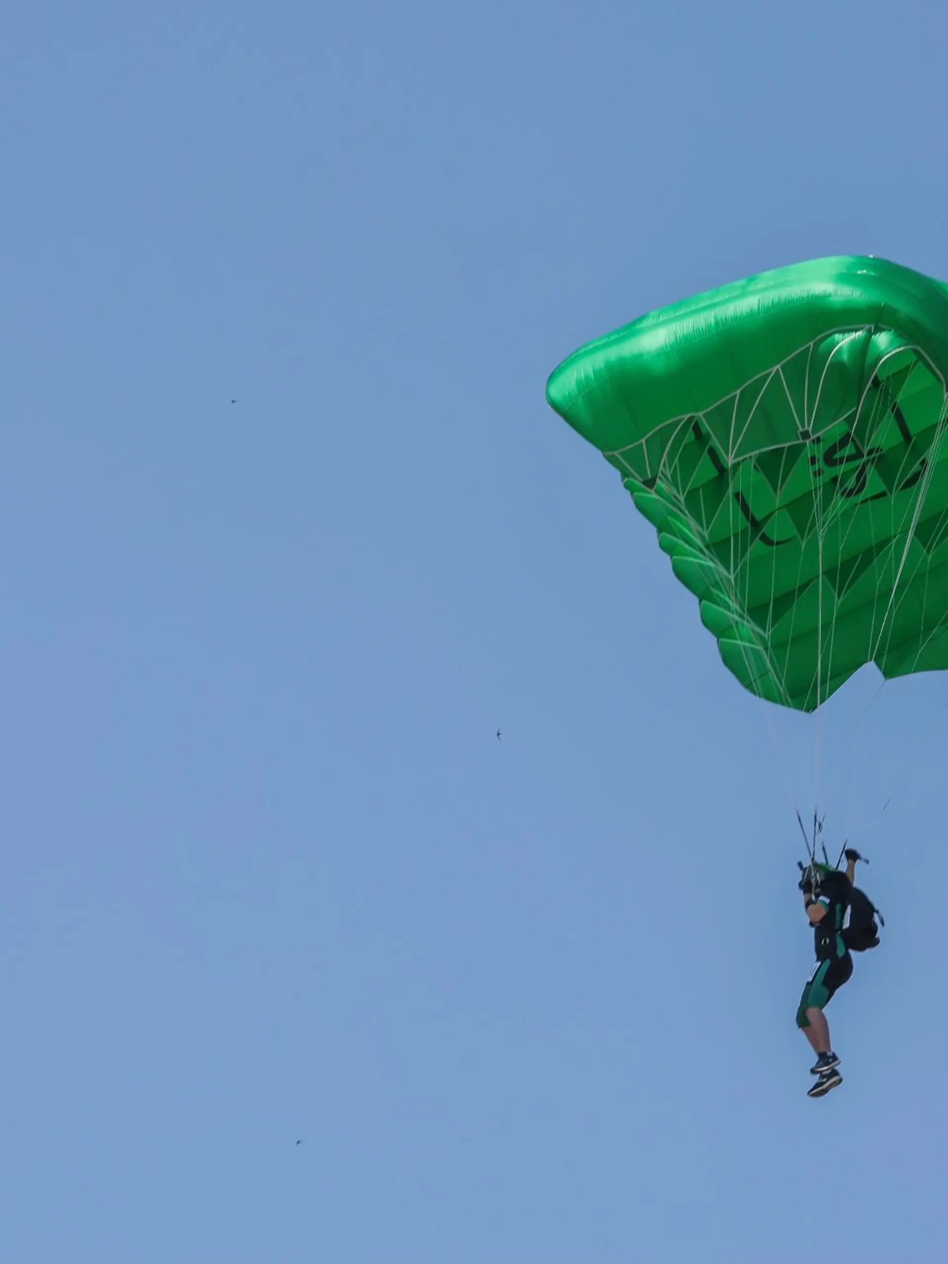 Ein Fallschirmspringer fliegt langsam auf die Erde.