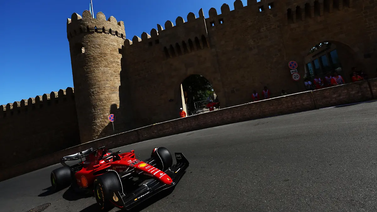 BAKU, AZERBAIJAN - JUNE 10: Charles Leclerc of Monaco driving the (16) Ferrari F1-75 on track during practice ahead of the F1 Grand Prix of Azerbaijan at Baku City Circuit on June 10, 2022 in Baku, Azerbaijan. (Photo by Clive Rose/Getty Images)