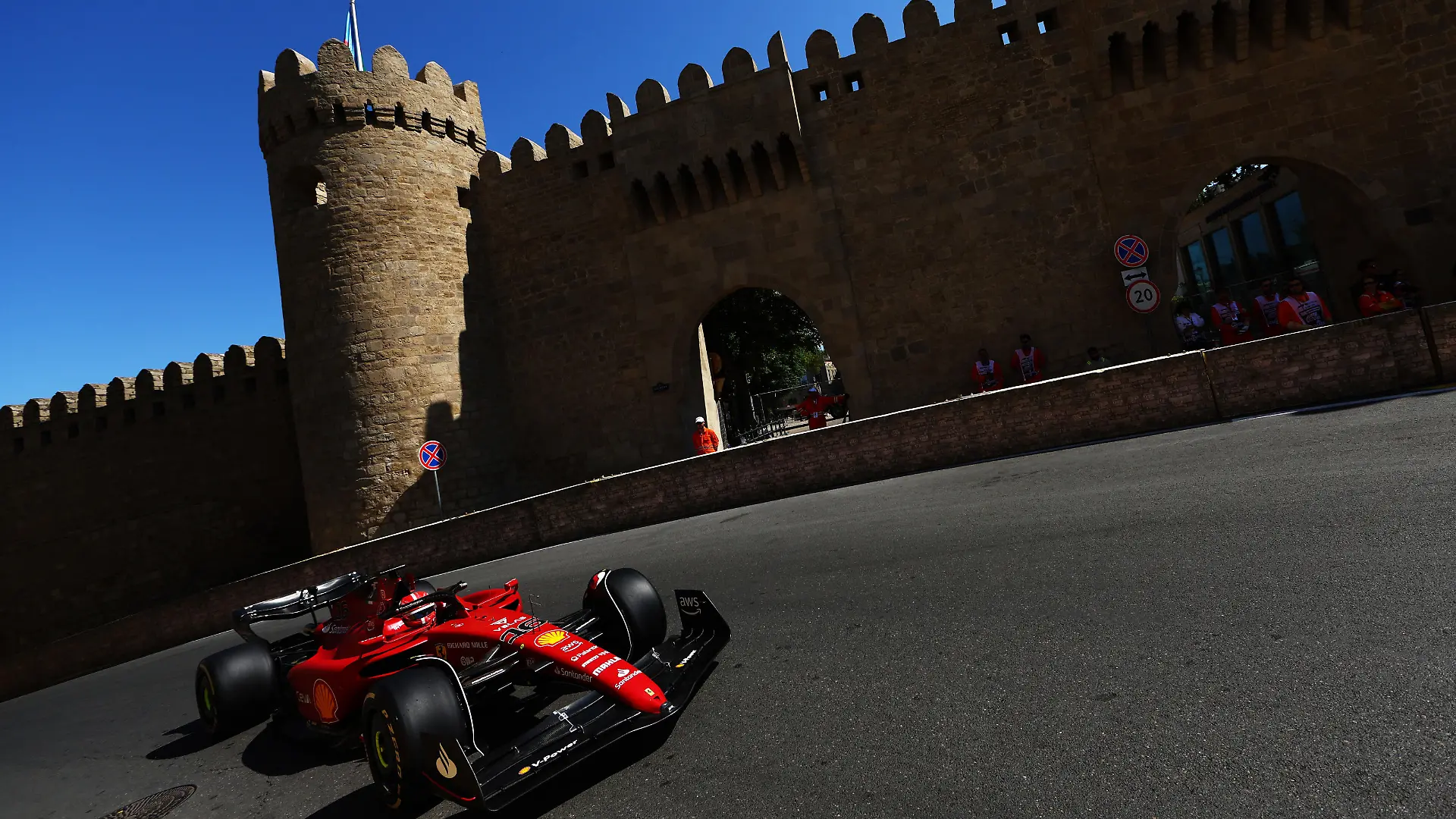 BAKU, AZERBAIJAN - JUNE 10: Charles Leclerc of Monaco driving the (16) Ferrari F1-75 on track during practice ahead of the F1 Grand Prix of Azerbaijan at Baku City Circuit on June 10, 2022 in Baku, Azerbaijan. (Photo by Clive Rose/Getty Images)