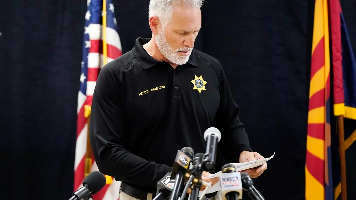 Frank Strada, Deputy Director of the Arizona Deprarment of Corrections Rehabilitation and Reentry, speaks at a news conference after Frank Atwood was put to death by lethal injection at the Arizona state prison Wednesday, June 8, 2022, in Florence, Ariz. Atwood was convicted in the 1984 killing of 8-year-old Vicki Lynne Hoskinson was executed in the state's second execution since officials started carrying out the death penalty in May after a nearly eight-year hiatus. (AP Photo/Ross D. Franklin)