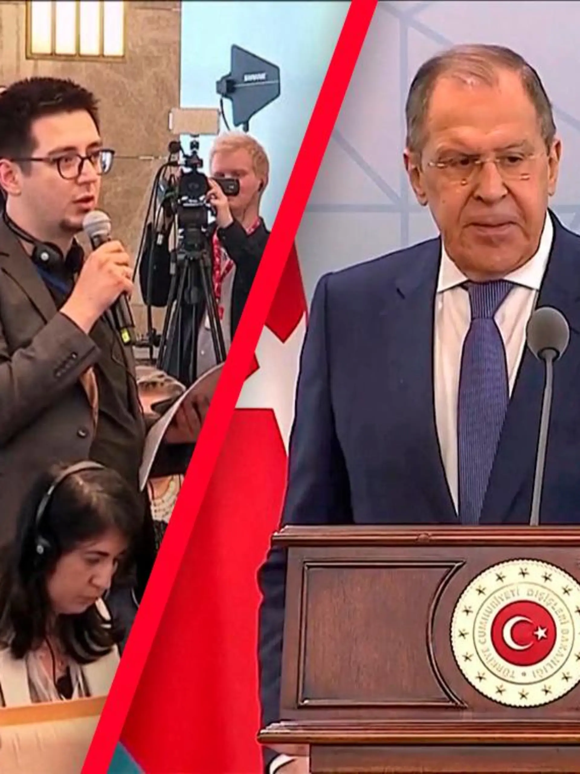 Ukrainischer Reporter und Sergej Lawrow bei Pressekonferenz