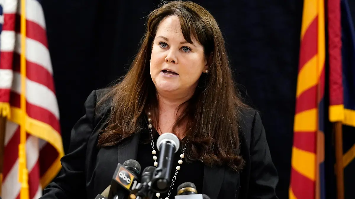 Colleen Clase, Chief Counsel for Arizona Voice For Crime Victims and attorney for Debbie Carlson, talks about the murdered 8-year-old Vicki Lynne Hoskinson at a news conference after Frank Atwood was put to death by lethal injection at the Arizona state prison Wednesday, June 8, 2022, in Florence, Ariz. Atwood, convicted in the 1984 killing of Hoskinson, was executed in the state's second execution since officials started carrying out the death penalty in May after a nearly eight-year hiatus. (AP Photo/Ross D. Franklin)