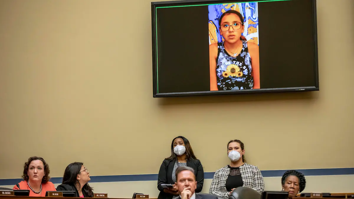 Miah Cerrillo, a fourth grade student at Robb Elementary School in Uvalde, Texas, and survivor of the mass shooting appears on a screen during a House Committee on Oversight and Reform hearing on gun violence on Capitol Hill in Washington, Wednesday, June 8, 2022. (Jason Andrew//The New York Times via AP, Pool)