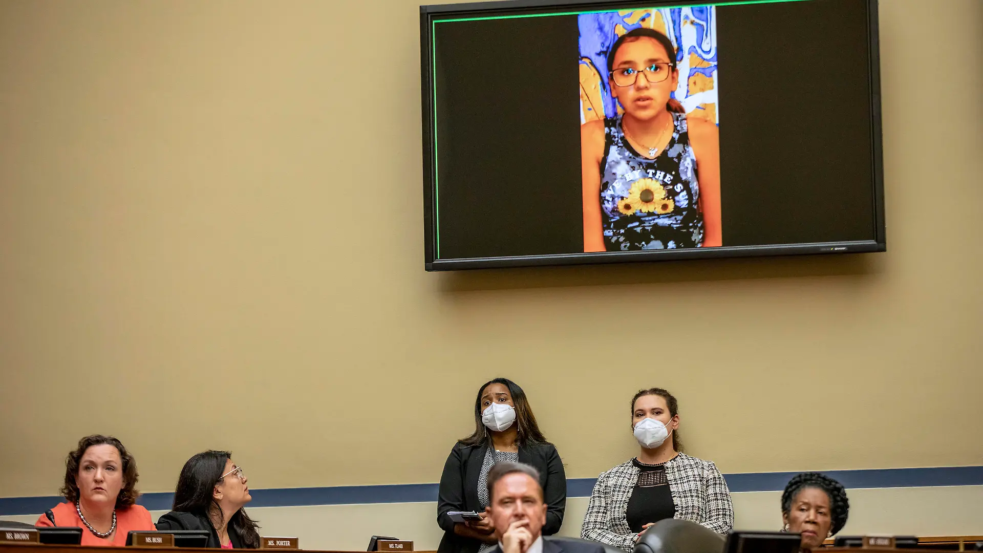 Miah Cerrillo, a fourth grade student at Robb Elementary School in Uvalde, Texas, and survivor of the mass shooting appears on a screen during a House Committee on Oversight and Reform hearing on gun violence on Capitol Hill in Washington, Wednesday, June 8, 2022. (Jason Andrew//The New York Times via AP, Pool)