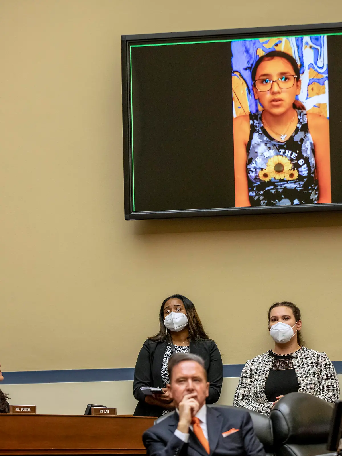 Miah Cerrillo, a fourth grade student at Robb Elementary School in Uvalde, Texas, and survivor of the mass shooting appears on a screen during a House Committee on Oversight and Reform hearing on gun violence on Capitol Hill in Washington, Wednesday, June 8, 2022. (Jason Andrew//The New York Times via AP, Pool)