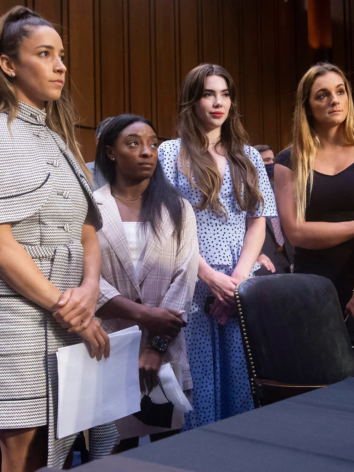 United States gymnasts from left, Aly Raisman, Simone Biles, McKayla Maroney and Maggie Nichols, leave after testifying at a Senate Judiciary hearing about the Inspector General's report on the FBI's handling of the Larry Nassar investigation on Capitol Hill, Wednesday, Sept. 15, 2021, in Washington. Nassar was charged in 2016 with federal child pornography offenses and sexual abuse charges in Michigan. He is now serving decades in prison after hundreds of girls and women said he sexually abused them under the guise of medical treatment when he worked for Michigan State and Indiana-based USA Gymnastics, which trains Olympians. (Saul Loeb/Pool via AP)