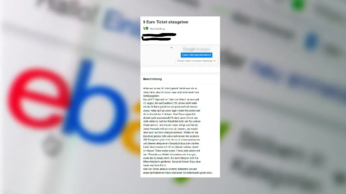 Screenshot der eBay-Anzeige des Mannes zum 9-Euro-Ticket