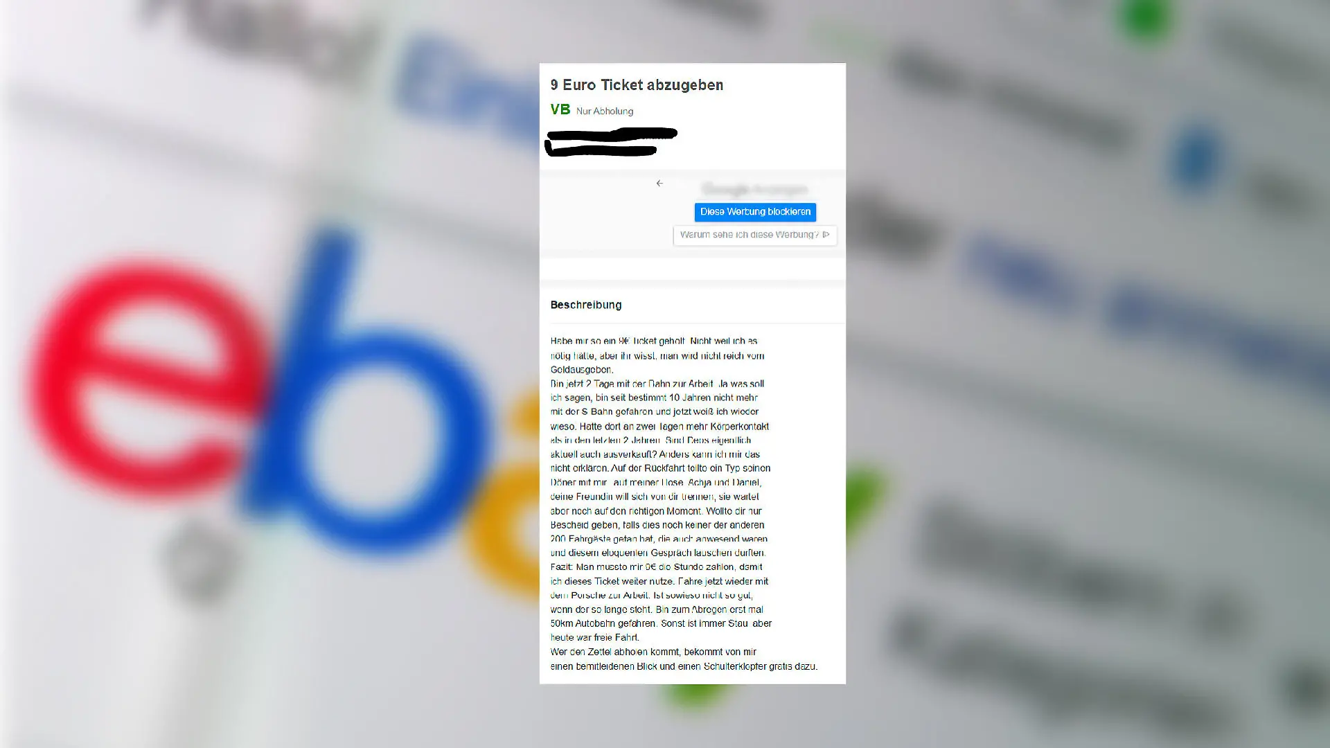 Screenshot der eBay-Anzeige des Mannes zum 9-Euro-Ticket