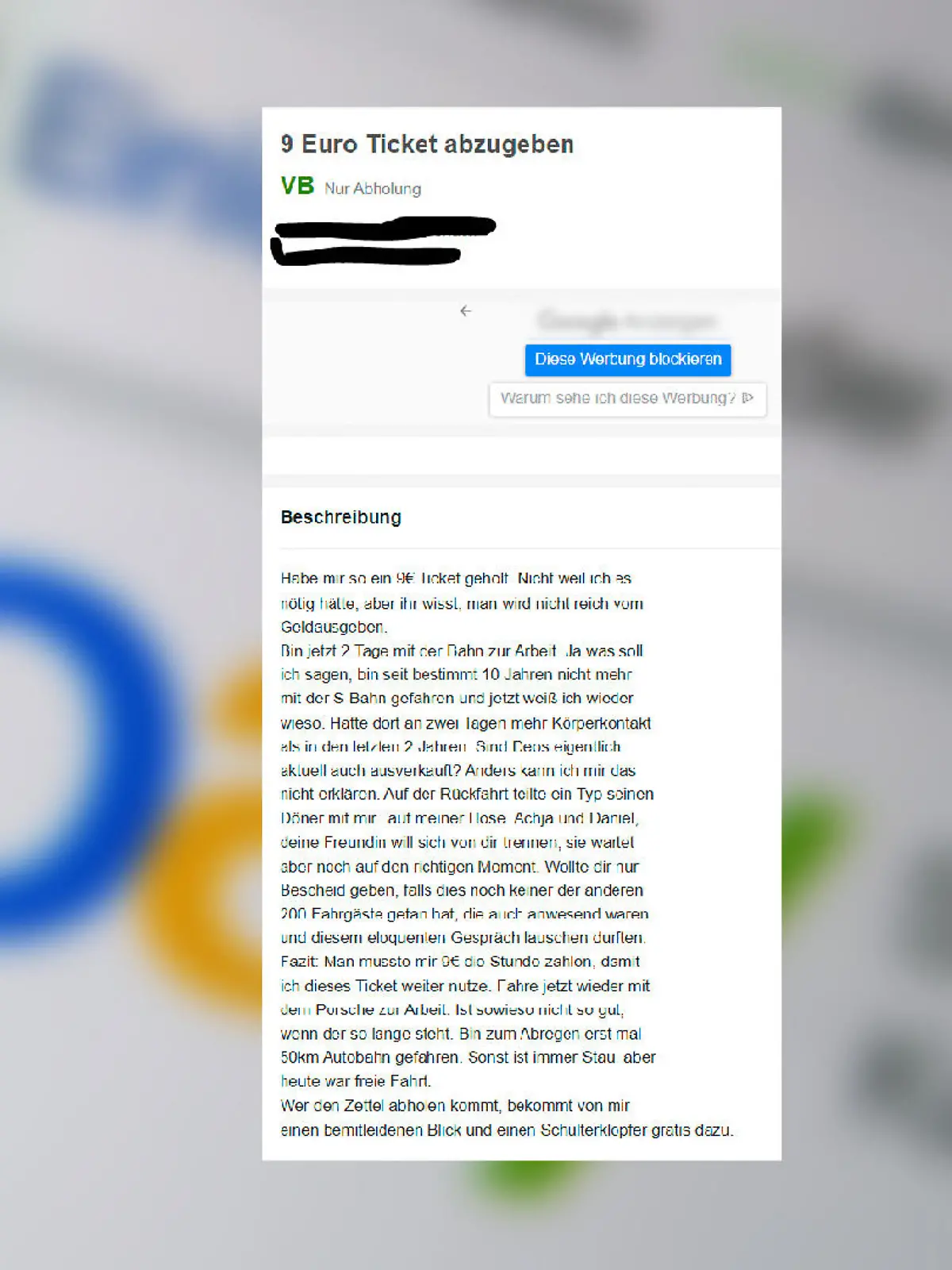Screenshot der eBay-Anzeige des Mannes zum 9-Euro-Ticket