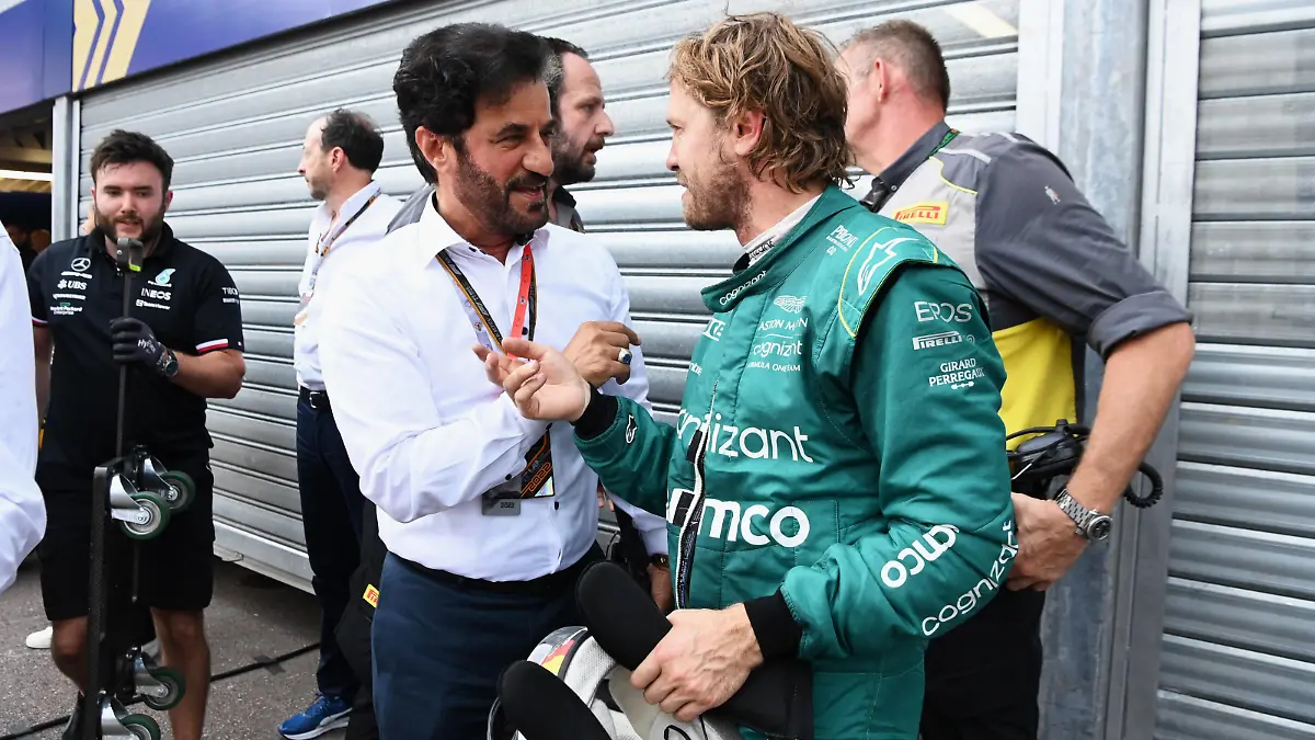 Formula 1 2022: Monaco GP CIRCUIT DE MONACO, MONACO - MAY 28: Sebastian Vettel, Aston Martin, with Mohammed bin Sulayem, President, FIA during the Monaco GP at Circuit de Monaco on Saturday May 28, 2022 in Monte Carlo, Monaco. Photo by Mark Sutton / Sutton Images Images PUBLICATIONxINxGERxSUIxAUTxHUNxONLY GP2207_161024DSC_2306