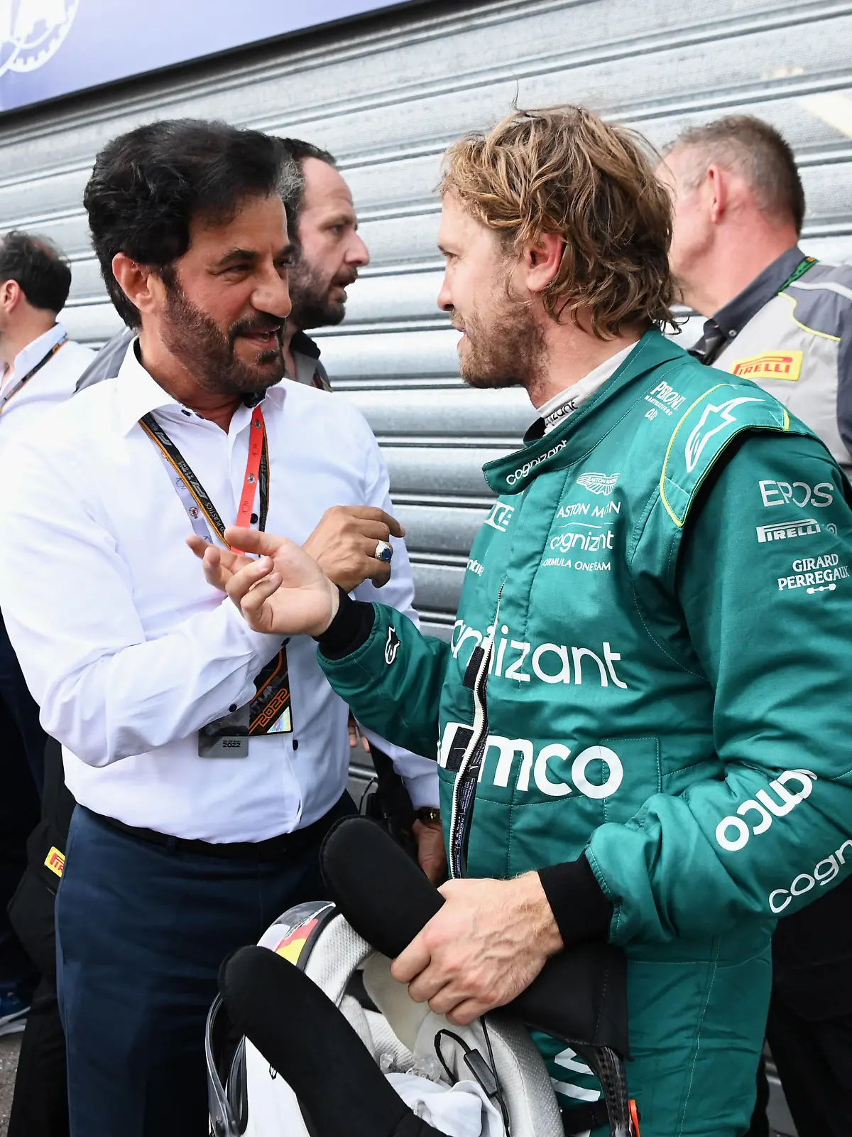 Formula 1 2022: Monaco GP CIRCUIT DE MONACO, MONACO - MAY 28: Sebastian Vettel, Aston Martin, with Mohammed bin Sulayem, President, FIA during the Monaco GP at Circuit de Monaco on Saturday May 28, 2022 in Monte Carlo, Monaco. Photo by Mark Sutton / Sutton Images Images PUBLICATIONxINxGERxSUIxAUTxHUNxONLY GP2207_161024DSC_2306 